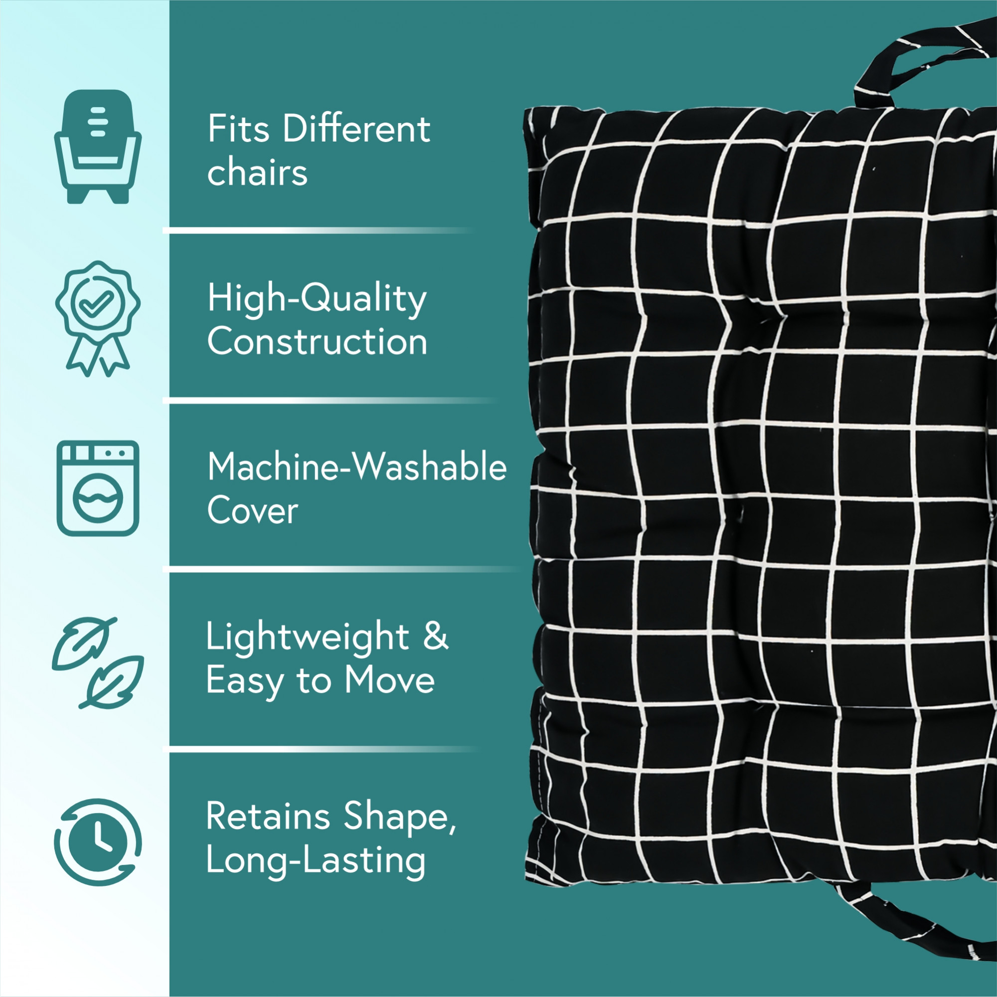 Kuber Indsutries 18x48 Inch Extra Long Chair Cushion for Comfortable Sitting  Rocking Chairs for IndoorOutdoor  Cushion For Home Office  Back Rest Support Cushion with Ties  Check - Black