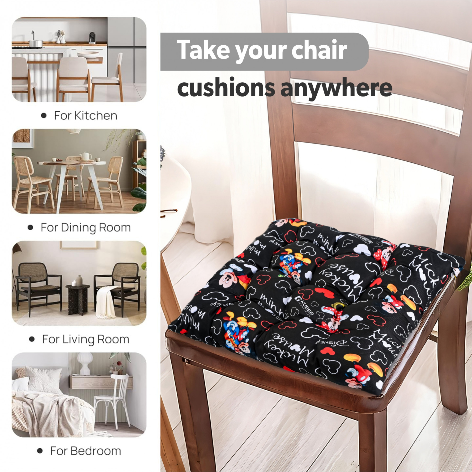 Kuber Indusries Sqaure Soft  Comfort Chair Cushion Pad with Ties  Sitting Pillow  Gaddi for Office Study Chair Sofa Pooja Room  Pain Relief Seat Cushion  Disney Print - Black