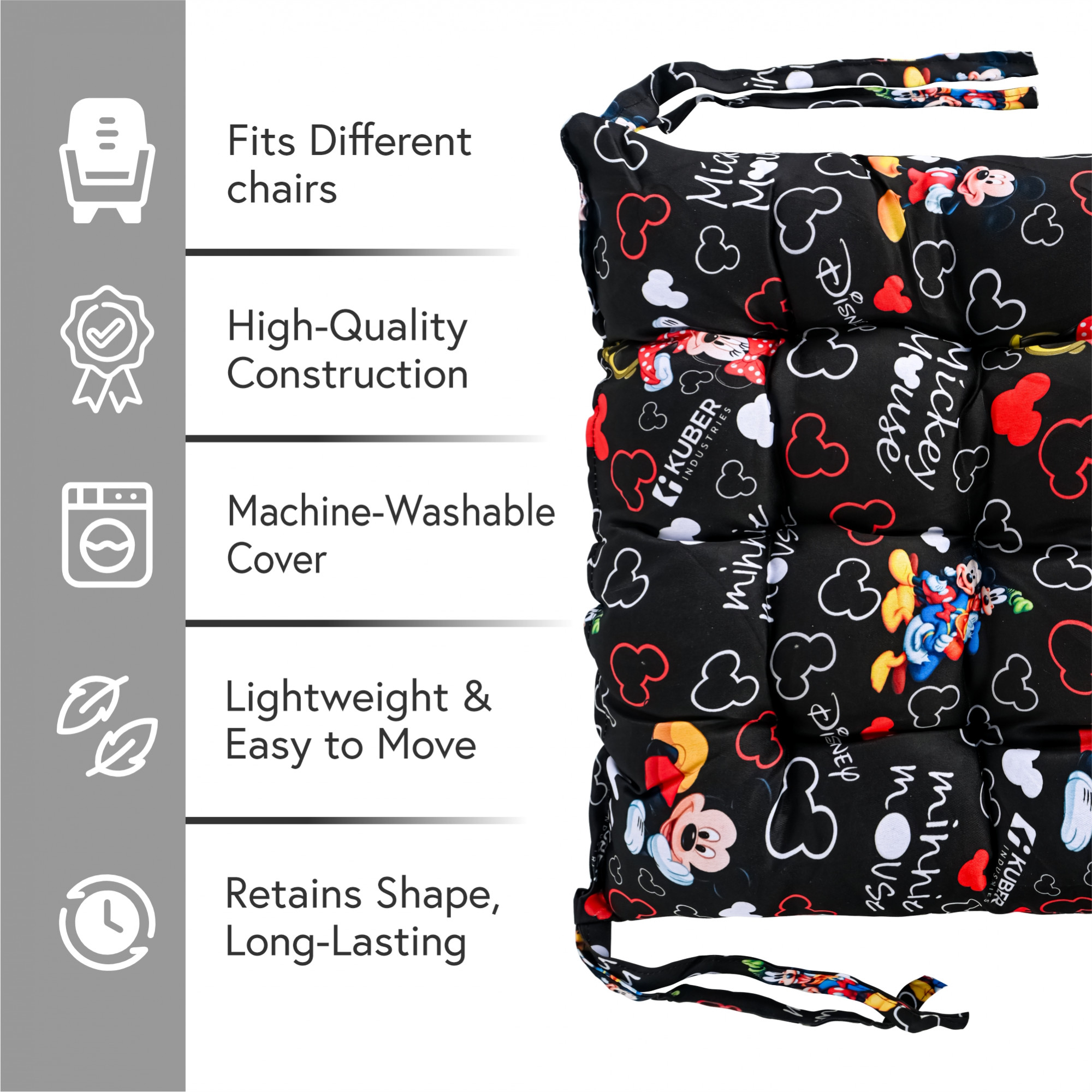 Kuber Indusries Sqaure Soft  Comfort Chair Cushion Pad with Ties  Sitting Pillow  Gaddi for Office Study Chair Sofa Pooja Room  Pain Relief Seat Cushion  Disney Print - Black