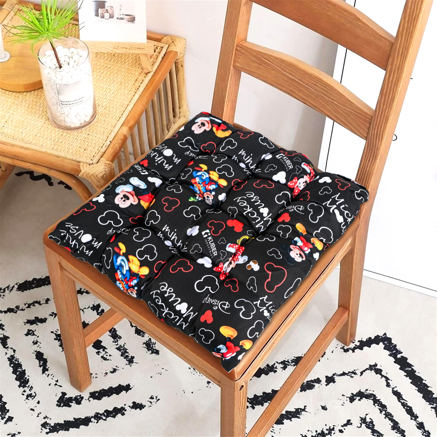 Kuber Indusries Sqaure Soft  Comfort Chair Cushion Pad with Ties  Sitting Pillow  Gaddi for Office Study Chair Sofa Pooja Room  Pain Relief Seat Cushion  Disney Print - Black