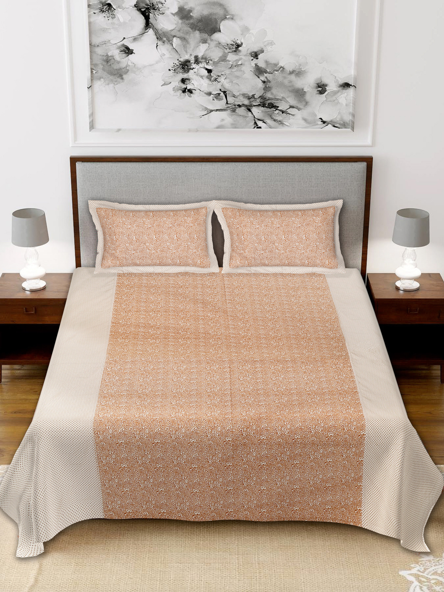 Kuber Industires Floral Design Pure Cotton Soft Light Weight Double Bedsheet With 2 Pillow Cover (Cream)-HS_38_KUBMART21127