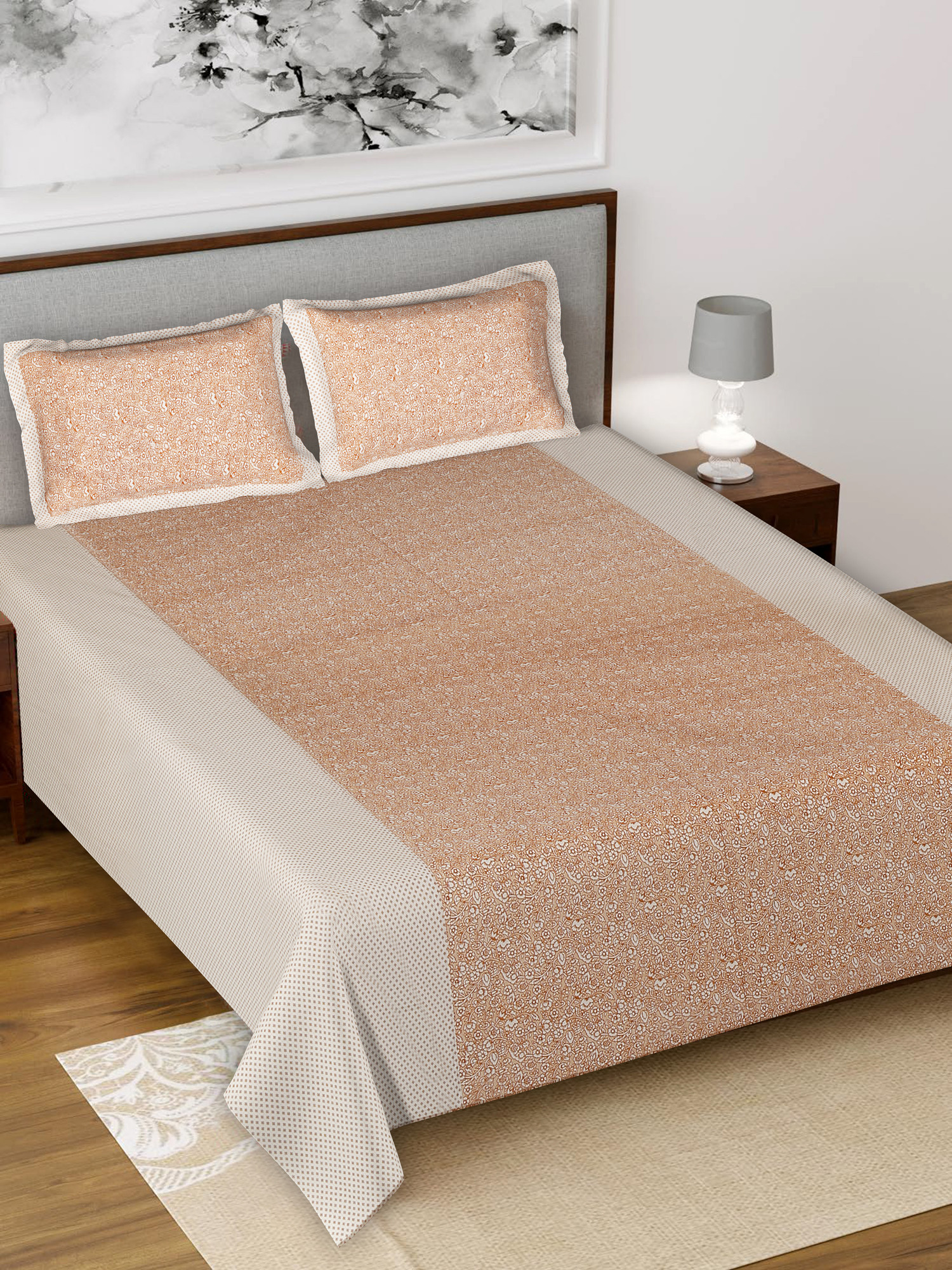 Kuber Industires Floral Design Pure Cotton Soft Light Weight Double Bedsheet With 2 Pillow Cover (Cream)-HS_38_KUBMART21127