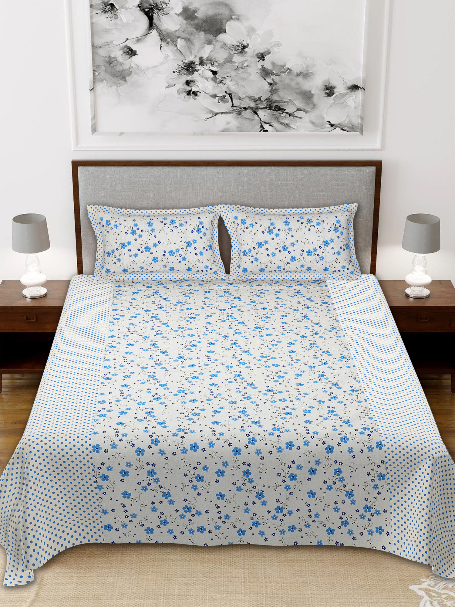 Kuber Industires Flower Design Pure Cotton Soft Light Weight Double Bedsheet With 2 Pillow Cover (Blue)-HS_38_KUBMART21121