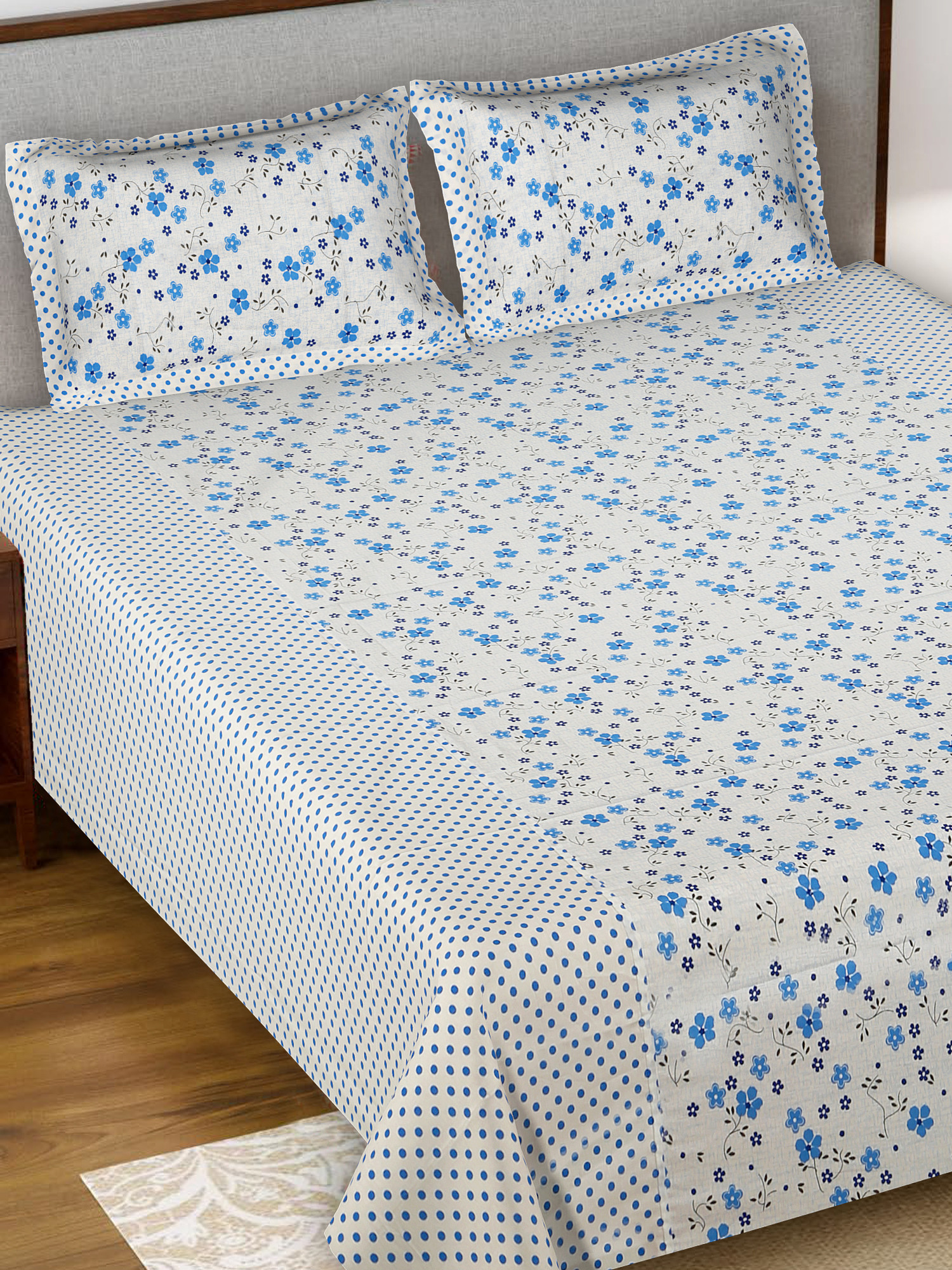 Kuber Industires Flower Design Pure Cotton Soft Light Weight Double Bedsheet With 2 Pillow Cover (Blue)-HS_38_KUBMART21121