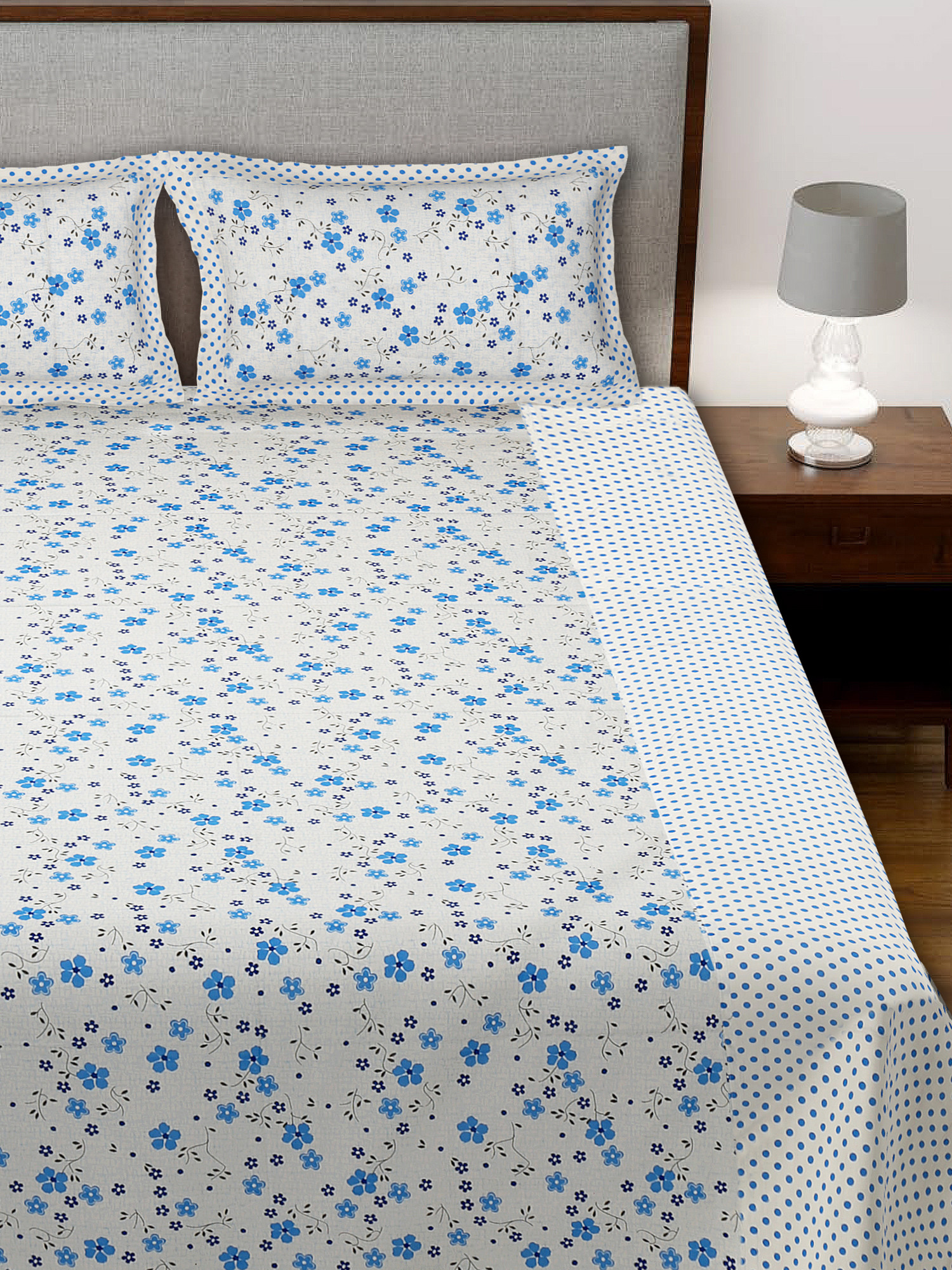 Kuber Industires Flower Design Pure Cotton Soft Light Weight Double Bedsheet With 2 Pillow Cover (Blue)-HS_38_KUBMART21121