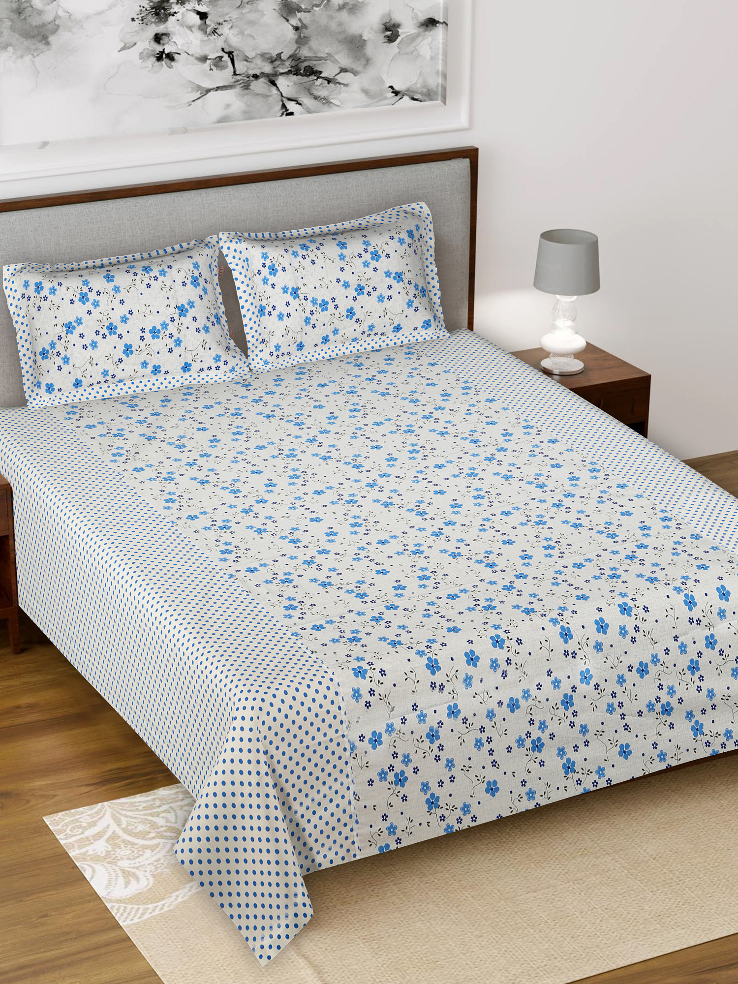 Kuber Industires Flower Design Pure Cotton Soft Light Weight Double Bedsheet With 2 Pillow Cover (Blue)-HS_38_KUBMART21121