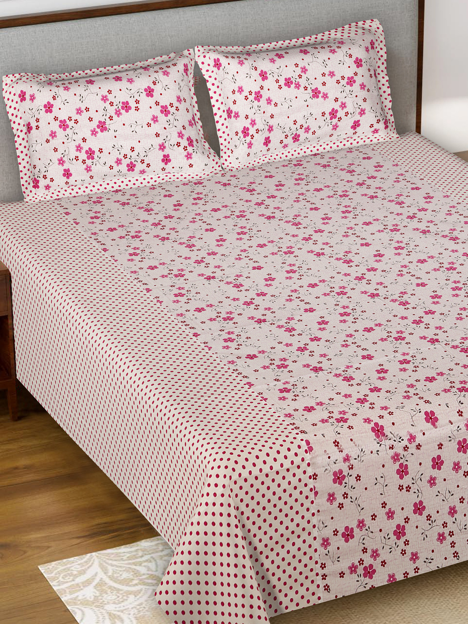 Kuber Industires Flower Design Pure Cotton Soft Light Weight Double Bedsheet With 2 Pillow Cover (Pink)-HS_38_KUBMART21123