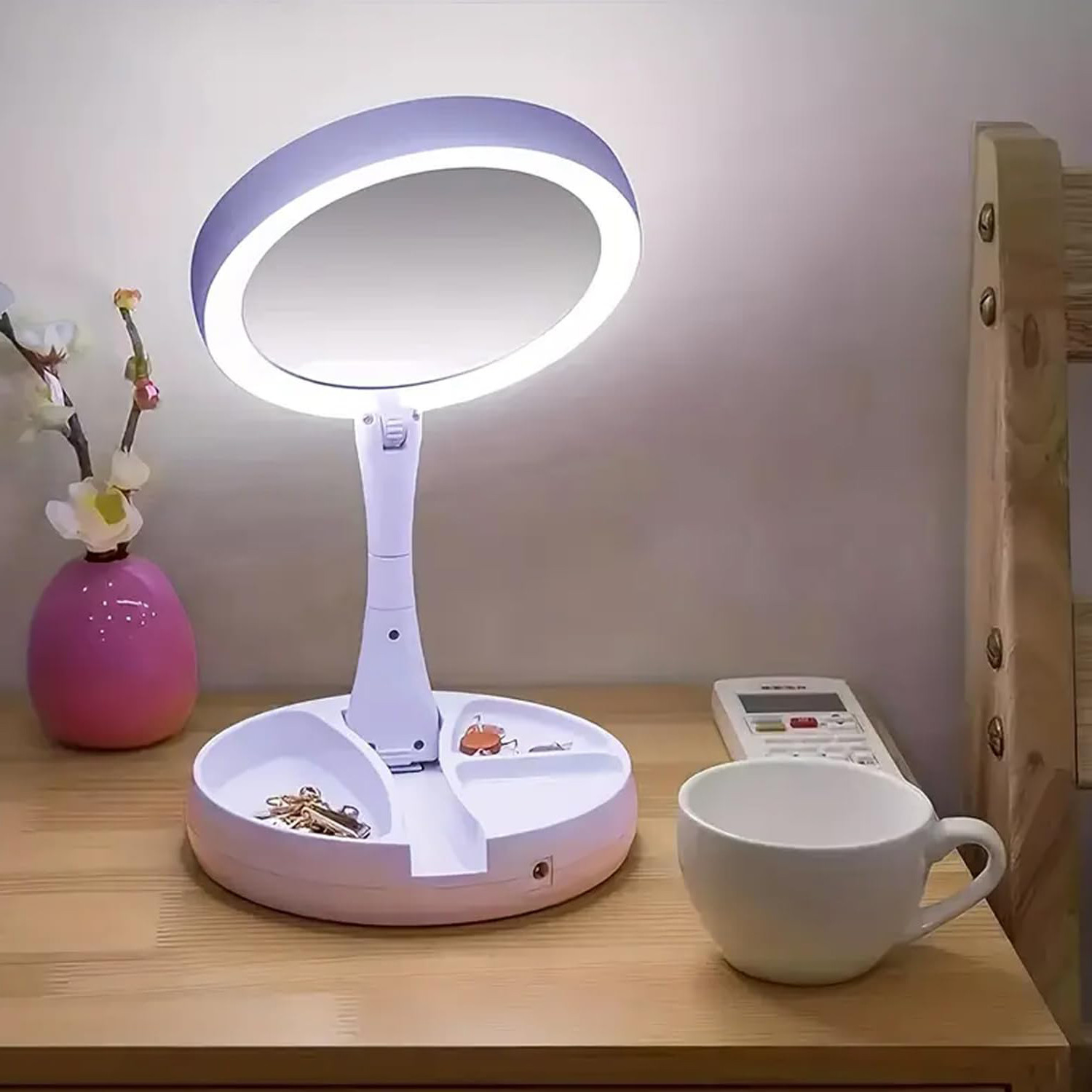 Kuber Industires Foldable Makeup Mirror with LED Light|Mirror for Table Top, Vanity, Desk|Battery Operated & USB Port(White)