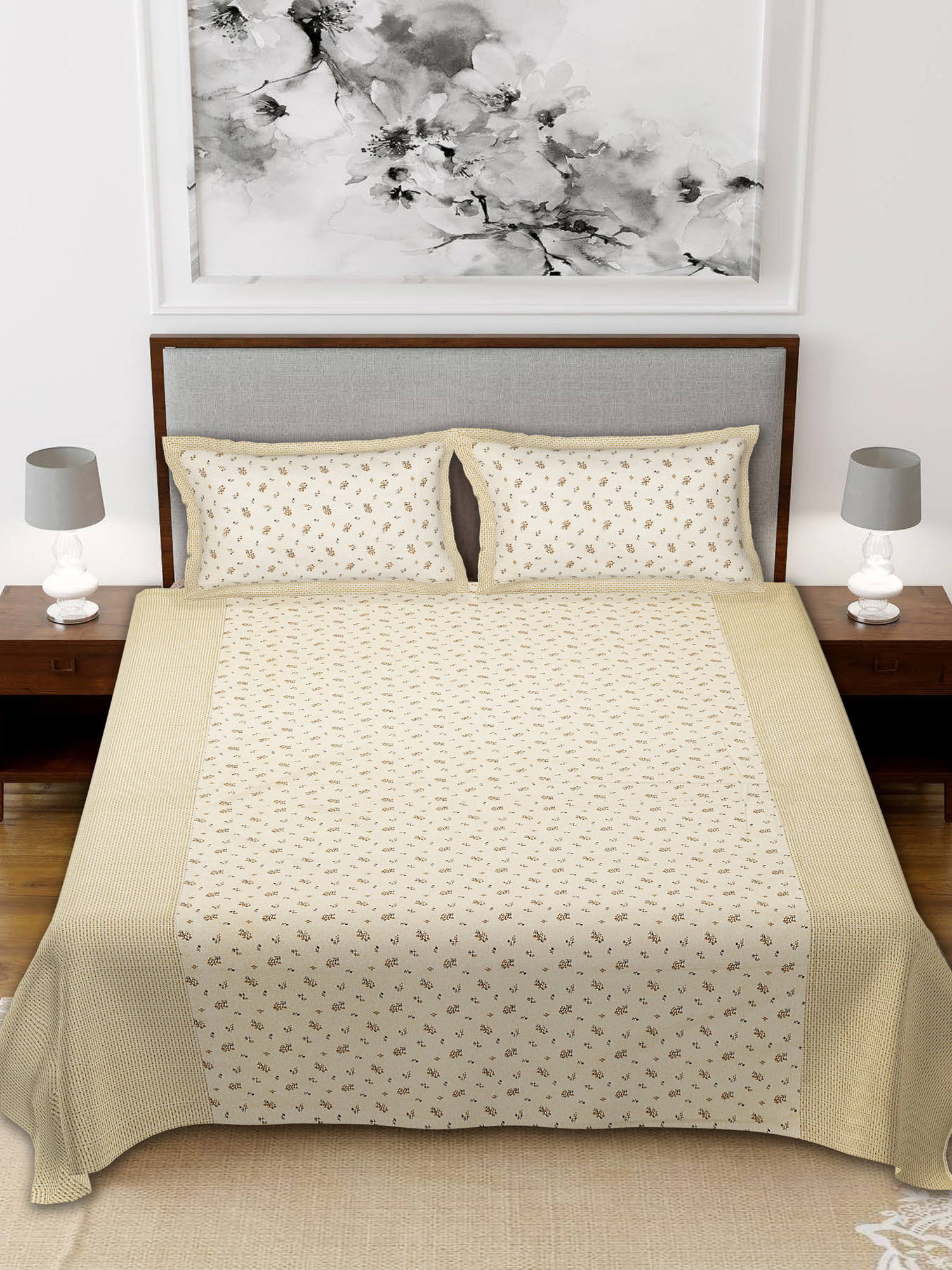 Kuber Industires Leaf Design Pure Cotton Soft Light Weight Double Bedsheet With 2 Pillow Cover (Cream)-HS_38_KUBMART21131