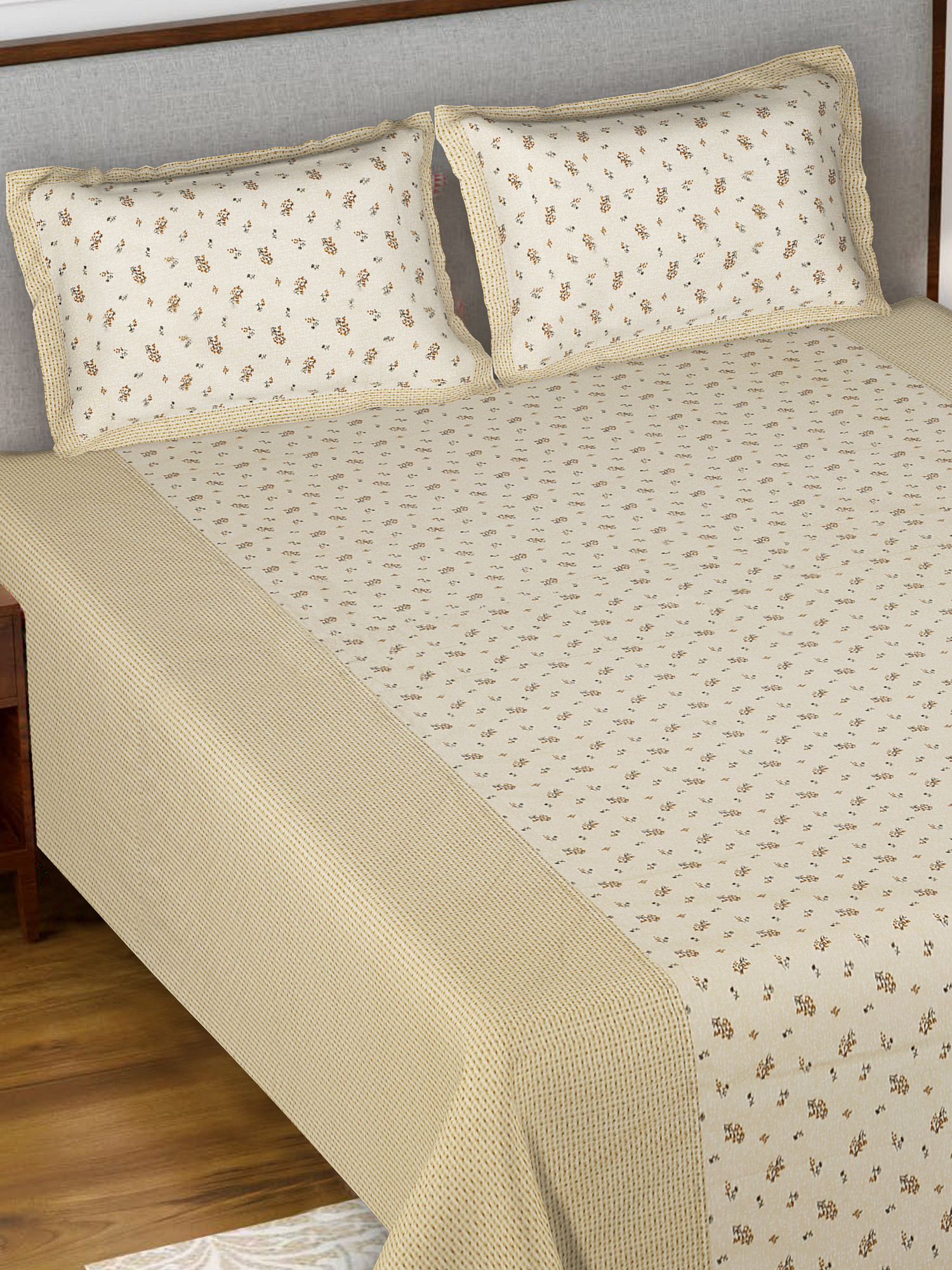 Kuber Industires Leaf Design Pure Cotton Soft Light Weight Double Bedsheet With 2 Pillow Cover (Cream)-HS_38_KUBMART21131