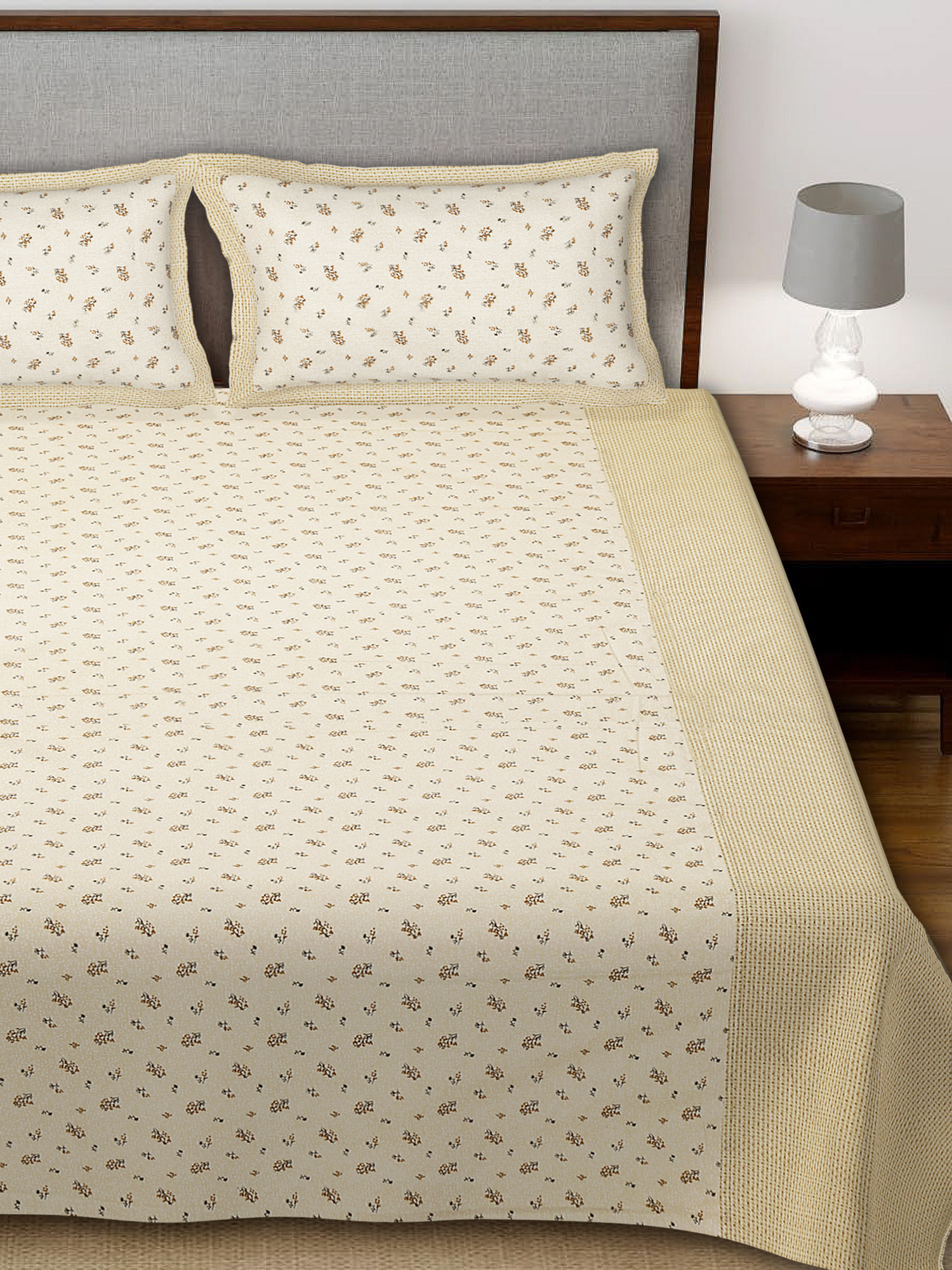 Kuber Industires Leaf Design Pure Cotton Soft Light Weight Double Bedsheet With 2 Pillow Cover (Cream)-HS_38_KUBMART21131