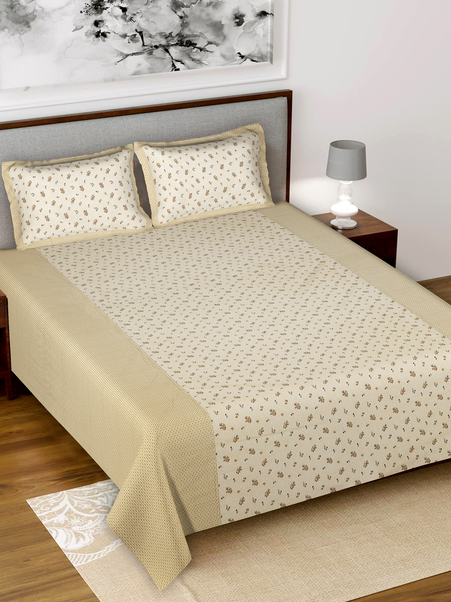 Kuber Industires Leaf Design Pure Cotton Soft Light Weight Double Bedsheet With 2 Pillow Cover (Cream)-HS_38_KUBMART21131