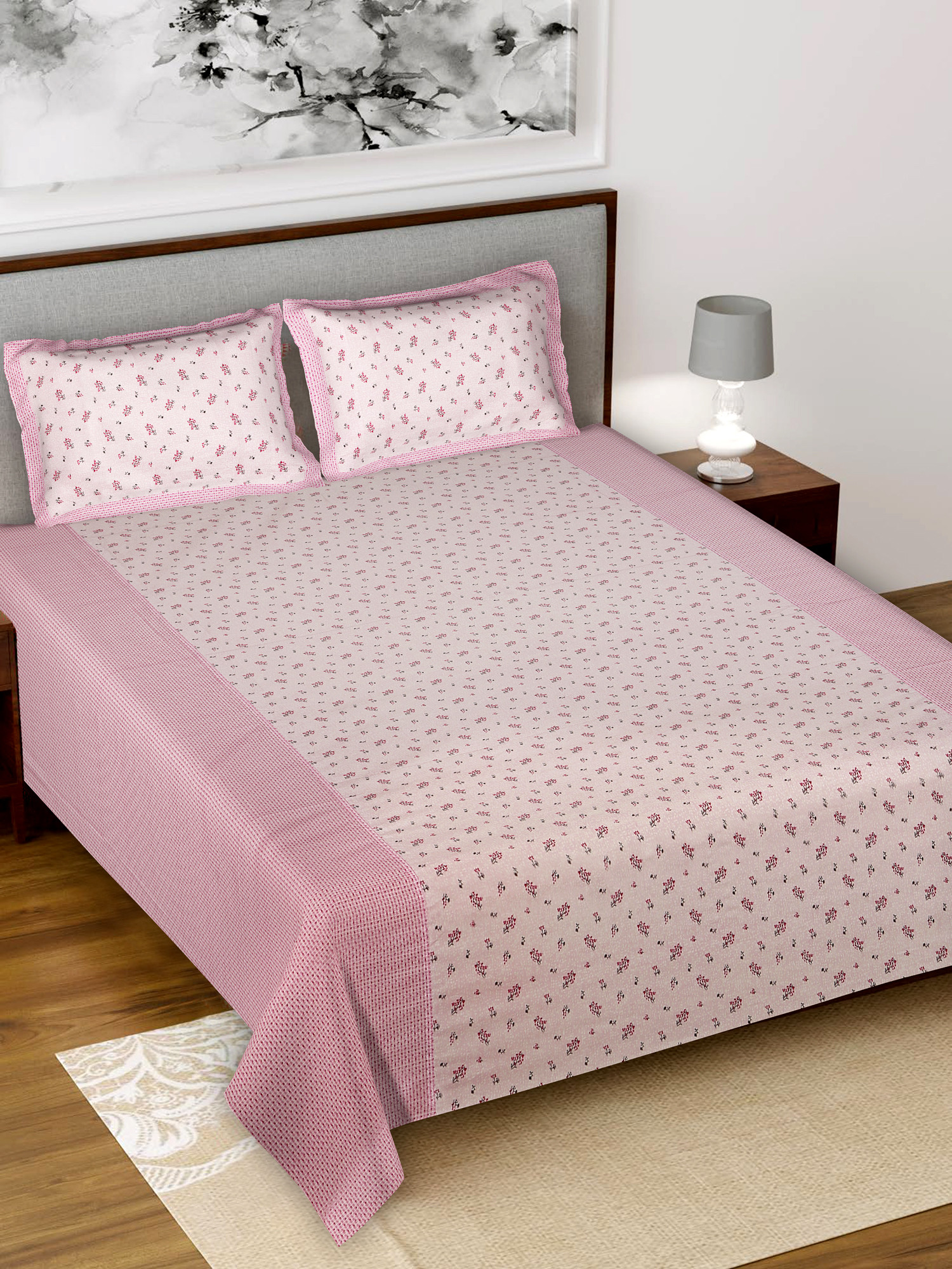 Kuber Industires Leaf Design Pure Cotton Soft Light Weight Double Bedsheet With 2 Pillow Cover (Pink)-HS_38_KUBMART21129