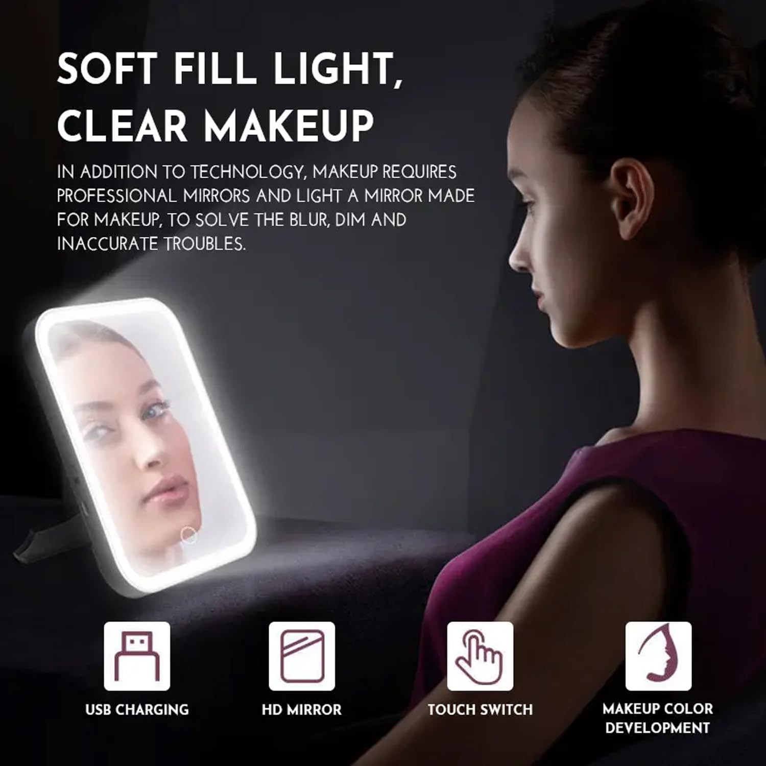Kuber Industires Makeup Mirror with LED Light|Mirror for Table Top, Vanity, Desk|Battery Operated with USB Port(White)