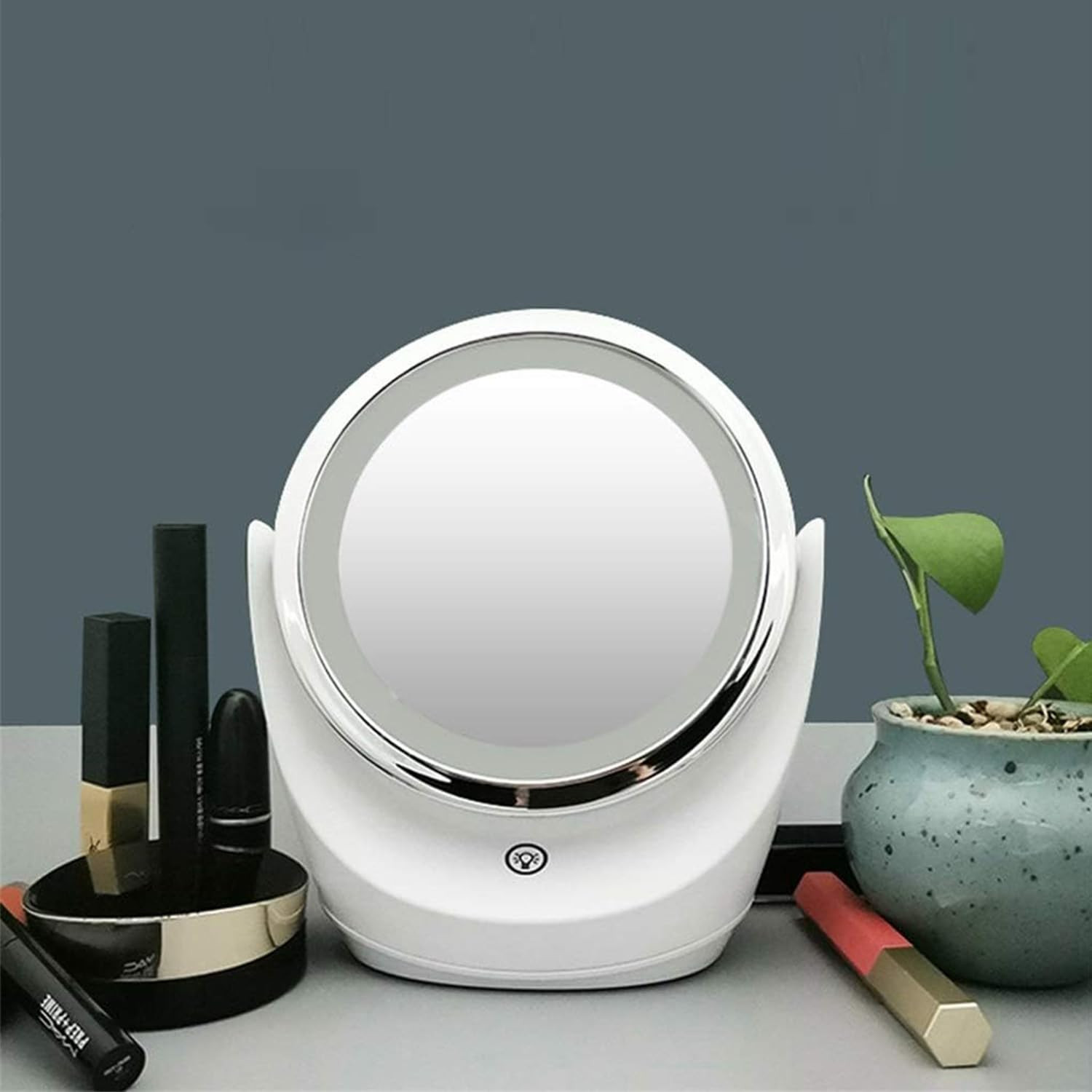 Kuber Industires Small Makeup Mirror With LED Light|Mirror For Table Top, Vanity, Desk|Battery Operated With USB Port(White)