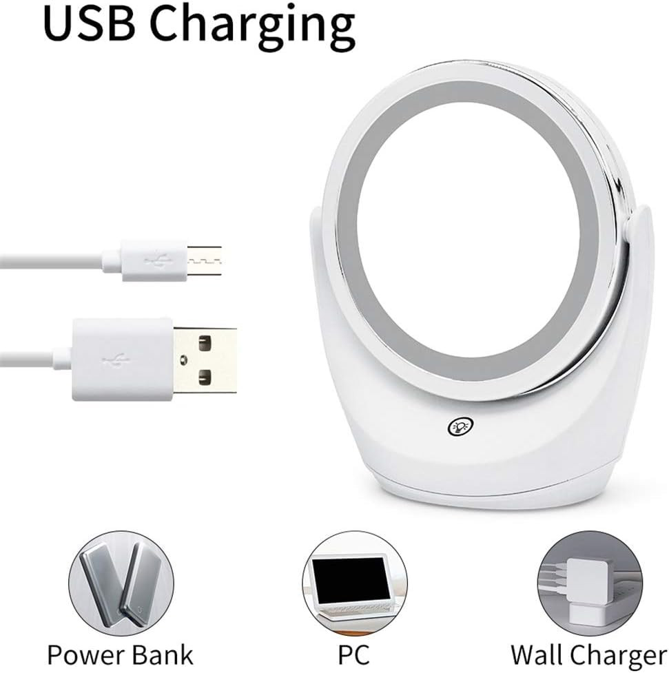 Kuber Industires Small Makeup Mirror With LED Light|Mirror For Table Top, Vanity, Desk|Battery Operated With USB Port(White)