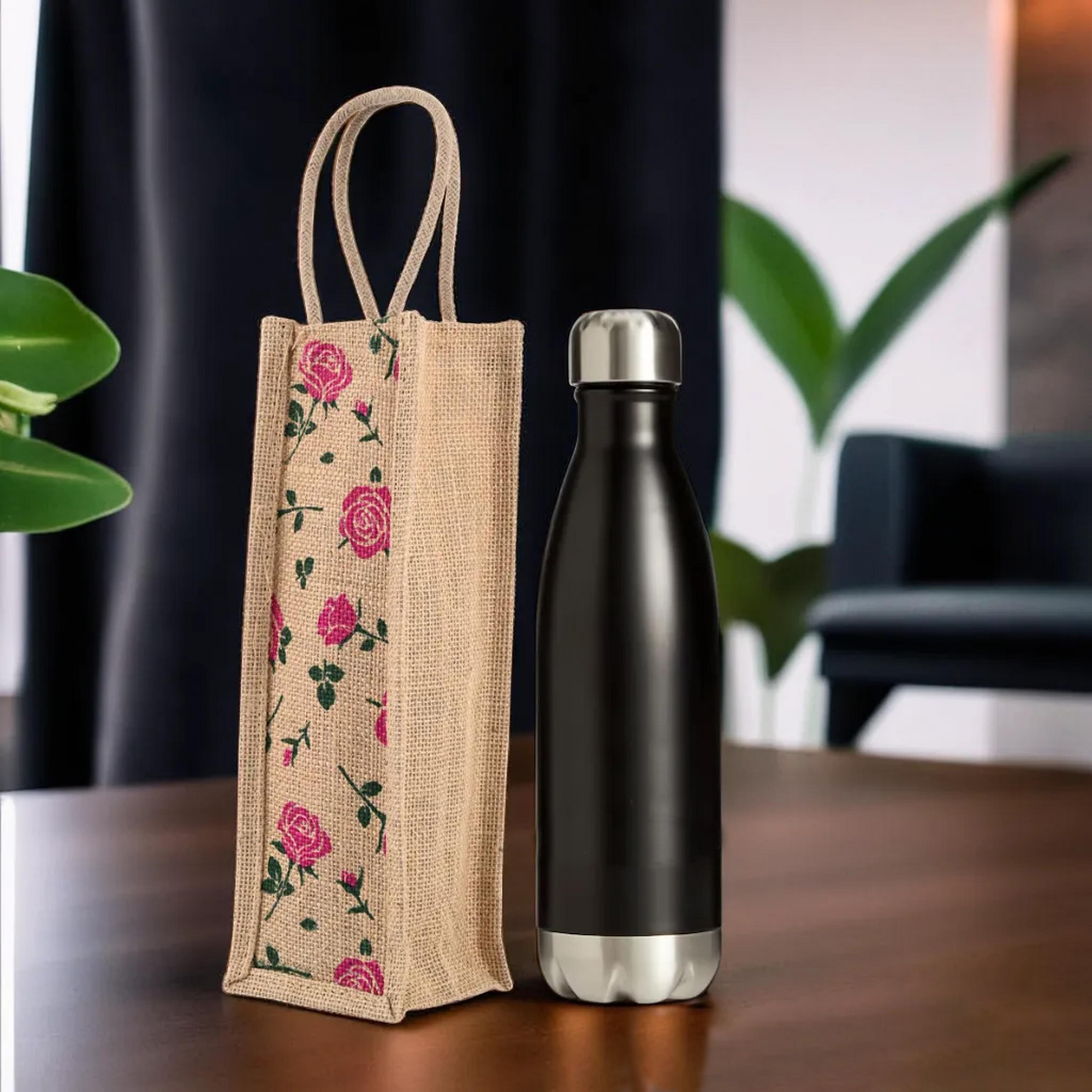 Kuber Industries    Jute Bottle Bag  Bottle Carry Bags  1 LTR  Reusable Bottle Bag with Handle  Office Bottle Bag  Wine Bottle Bag  Travel Bottle Bag   Rose-Print  Pink