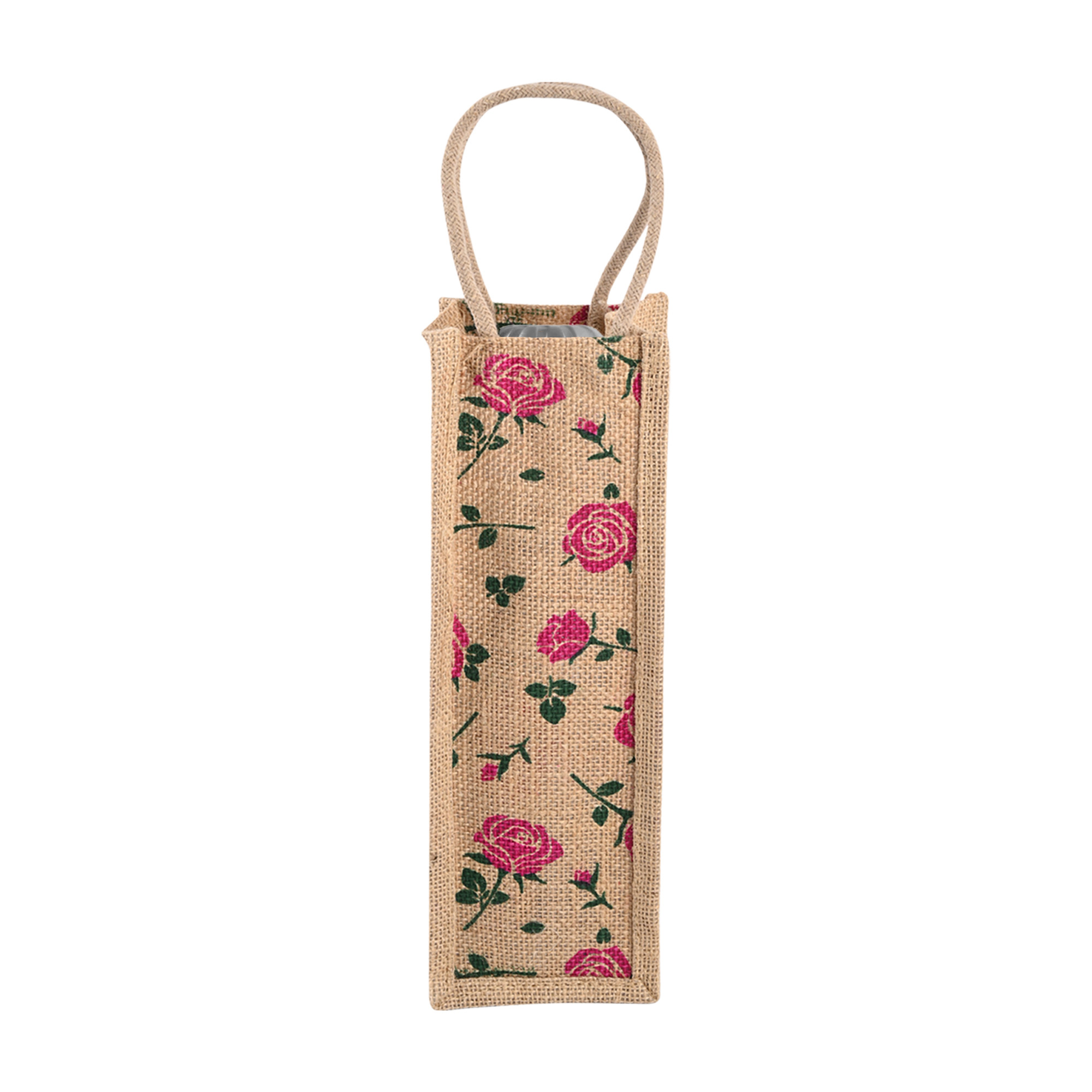 Kuber Industries    Jute Bottle Bag  Bottle Carry Bags  1 LTR  Reusable Bottle Bag with Handle  Office Bottle Bag  Wine Bottle Bag  Travel Bottle Bag   Rose-Print  Pink