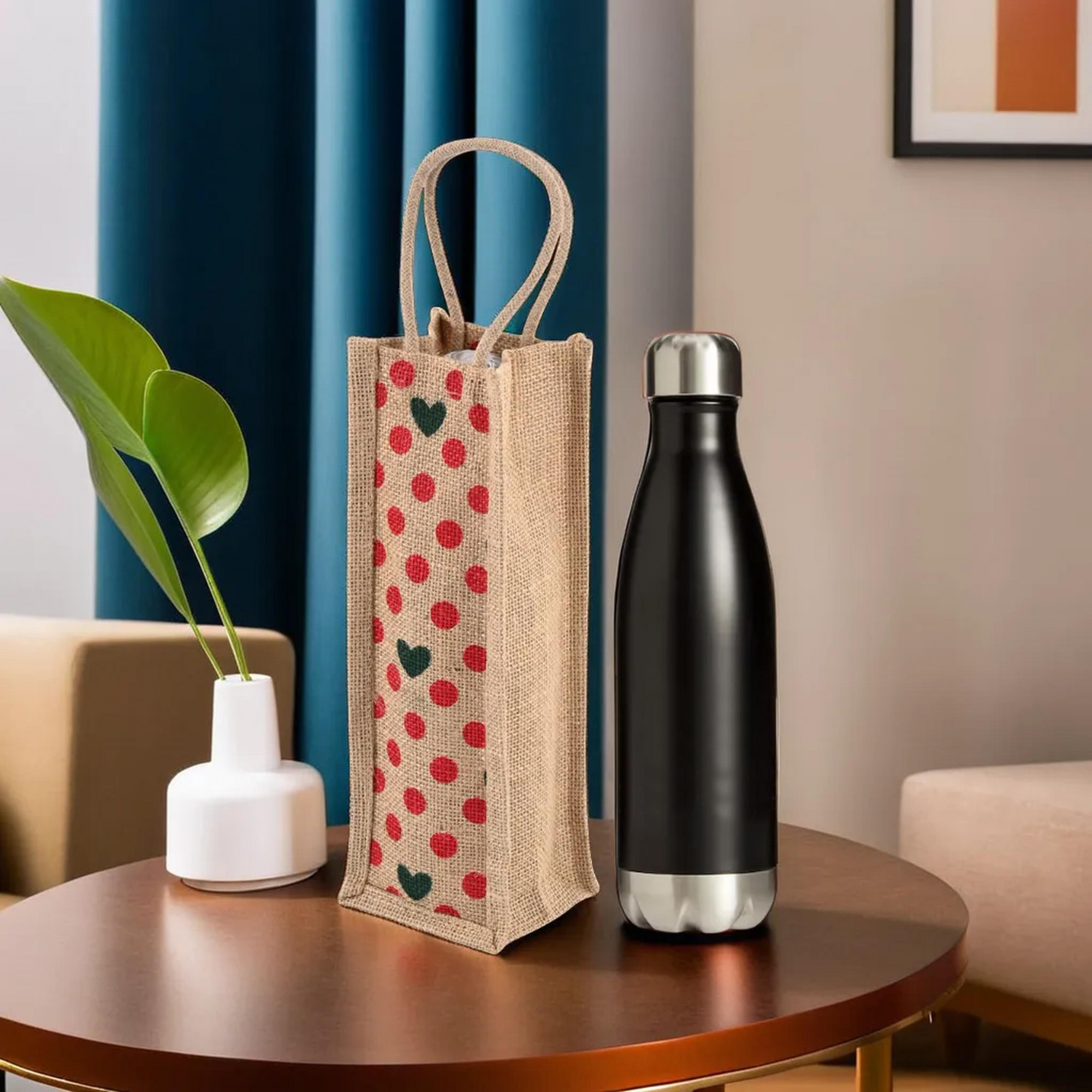 Kuber Industries    Jute Bottle Bag  Bottle Carry Bags  1 LTR  Reusable Bottle Bag with Handle  Office Bottle Bag  Wine Bottle Bag  Travel Bottle Bag   Dot-Print  Red