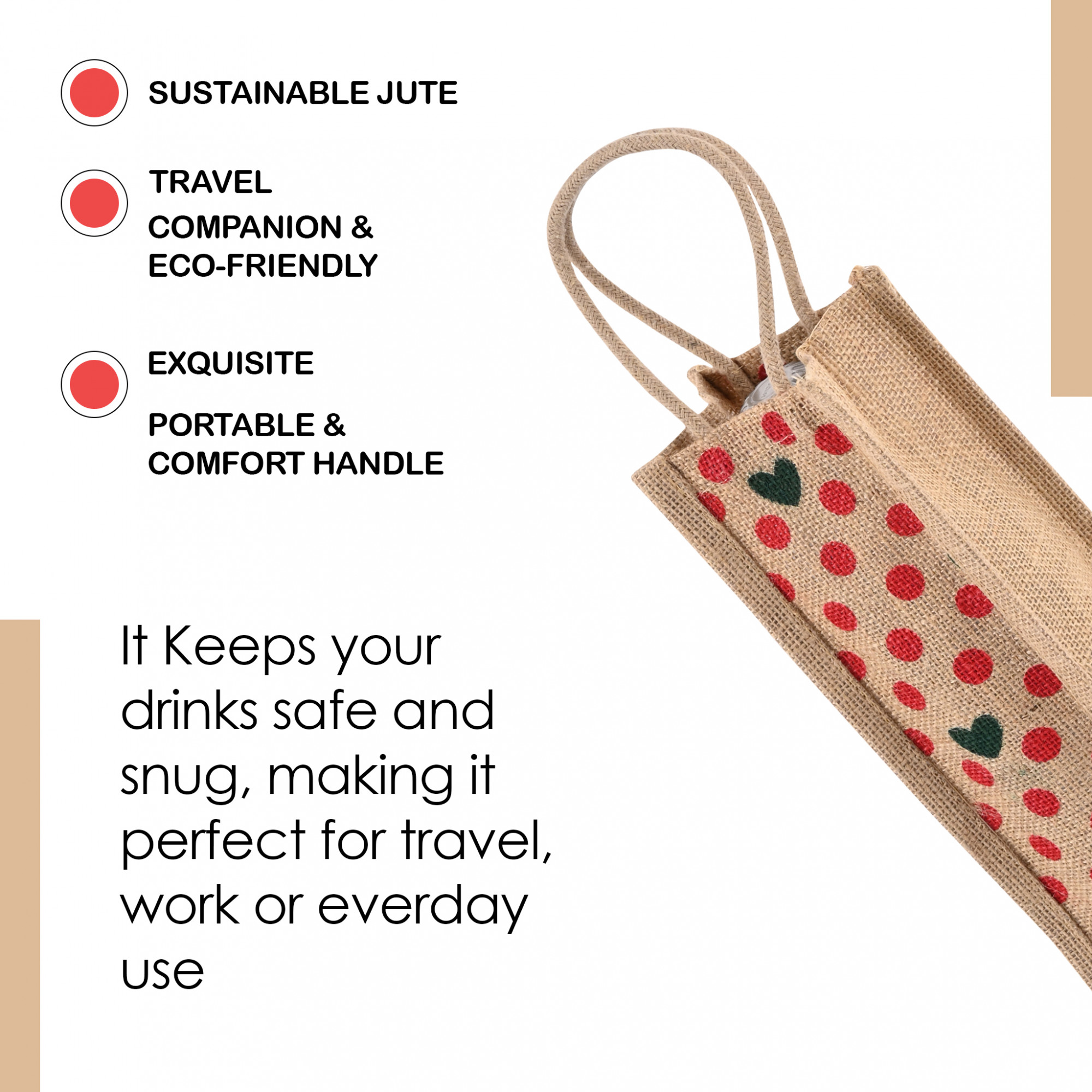 Kuber Industries    Jute Bottle Bag  Bottle Carry Bags  1 LTR  Reusable Bottle Bag with Handle  Office Bottle Bag  Wine Bottle Bag  Travel Bottle Bag   Dot-Print  Red