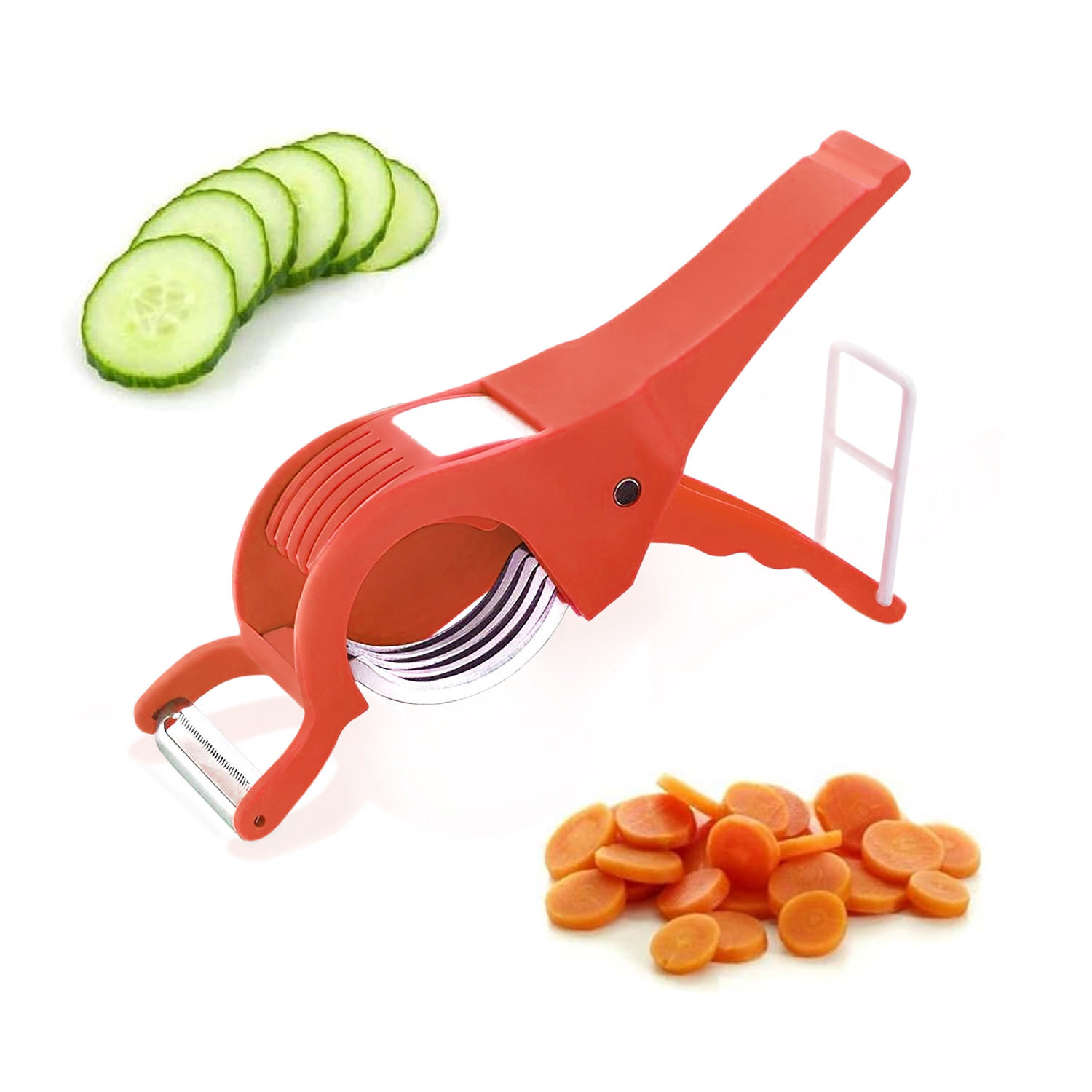 Kuber Industries    Vegetable Cutter  5 Steel Blades  Bhindi Cutter with Peeler  Multi-Purpose Chopper Cutter for Kitchen-Cooking-Food Chopper  Veggie Cutter  Red