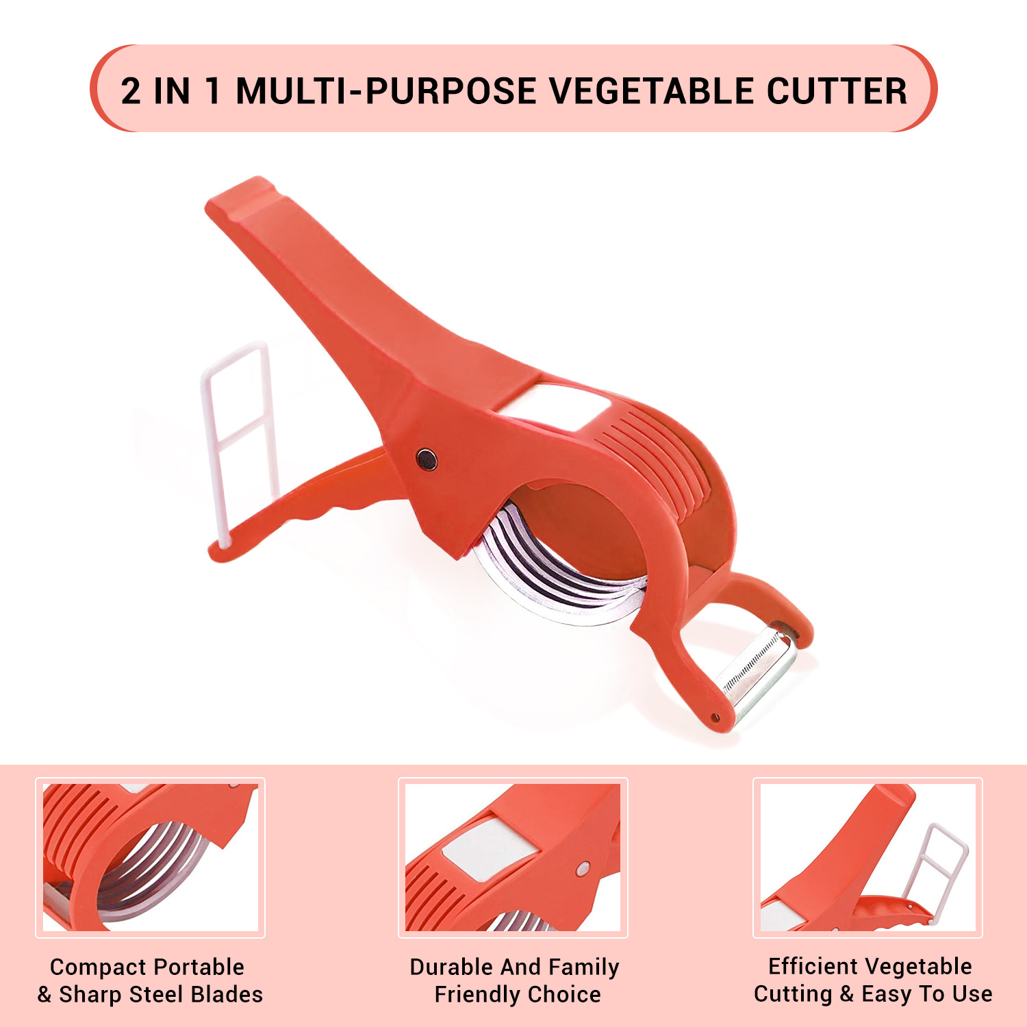Kuber Industries    Vegetable Cutter  5 Steel Blades  Bhindi Cutter with Peeler  Multi-Purpose Chopper Cutter for Kitchen-Cooking-Food Chopper  Veggie Cutter  Red
