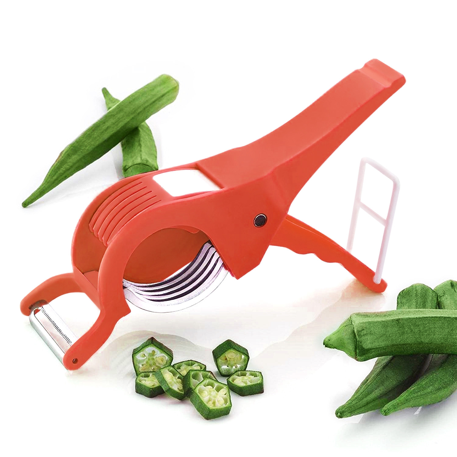Kuber Industries    Vegetable Cutter  5 Steel Blades  Bhindi Cutter with Peeler  Multi-Purpose Chopper Cutter for Kitchen-Cooking-Food Chopper  Veggie Cutter  Red