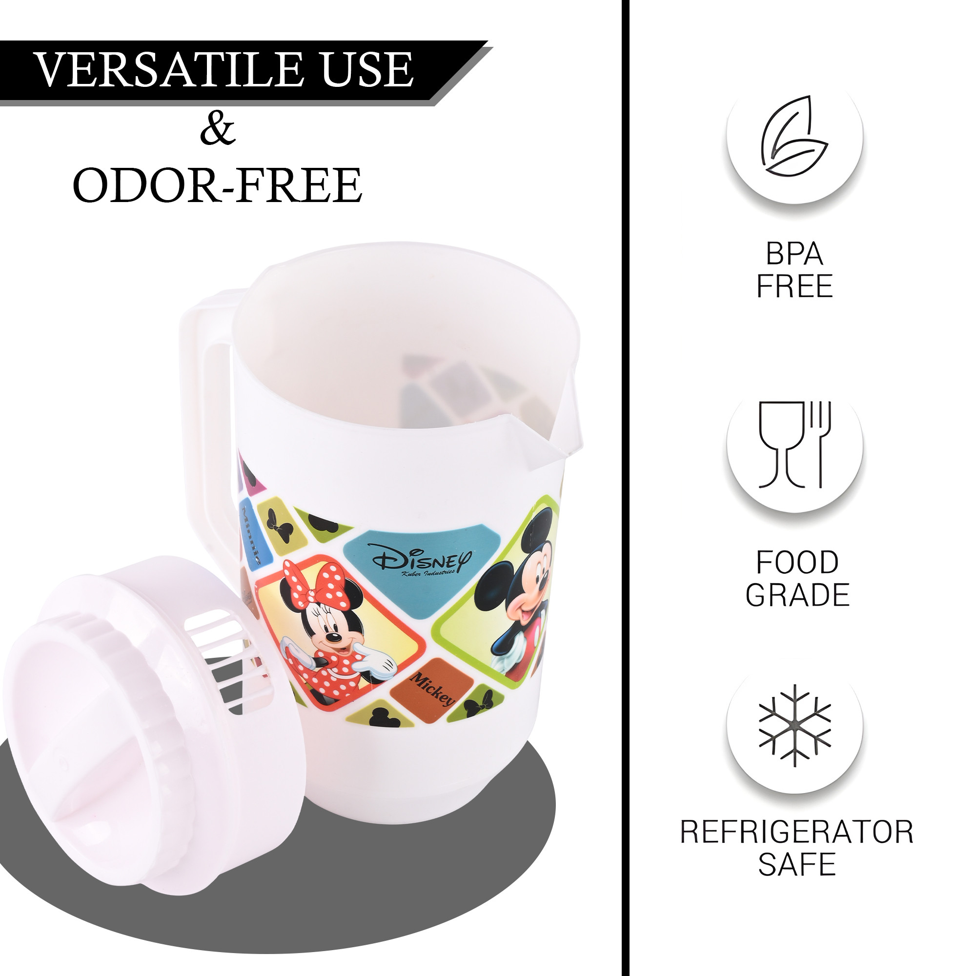 Kuber Industries    Water Jug  2 LTR  Plastic Jug for Water  Check Disney  Water Dispenser  Juice Jug for Dining Table  Water Jug for Hotels  Restaurants  BPA-Free  White