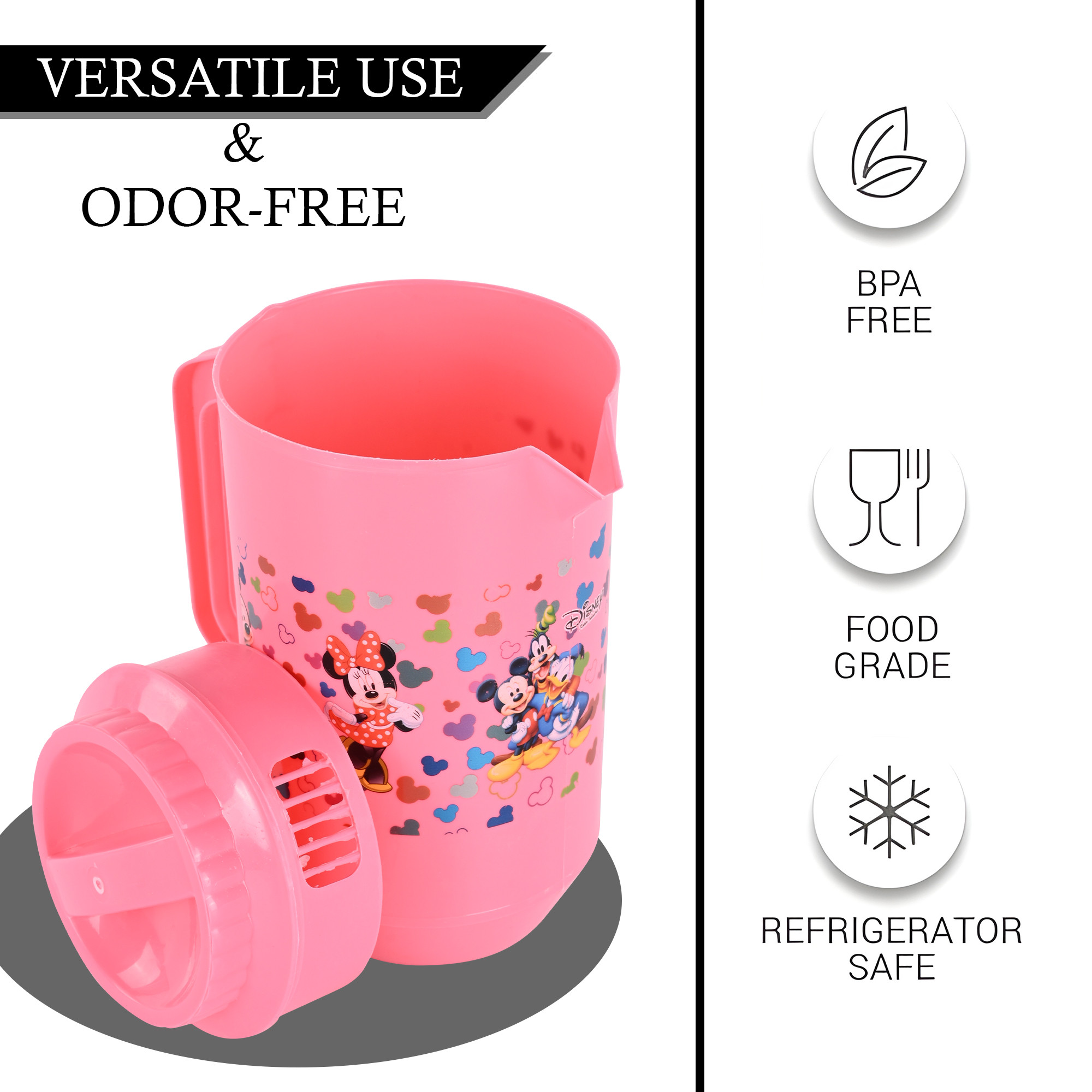 Kuber Industries    Water Jug  2 LTR  Plastic Jug for Water  Disney Team  Water Dispenser  Juice Jug for Dining Table  Water Jug for Hotels  Restaurants  BPA-Free  Pink