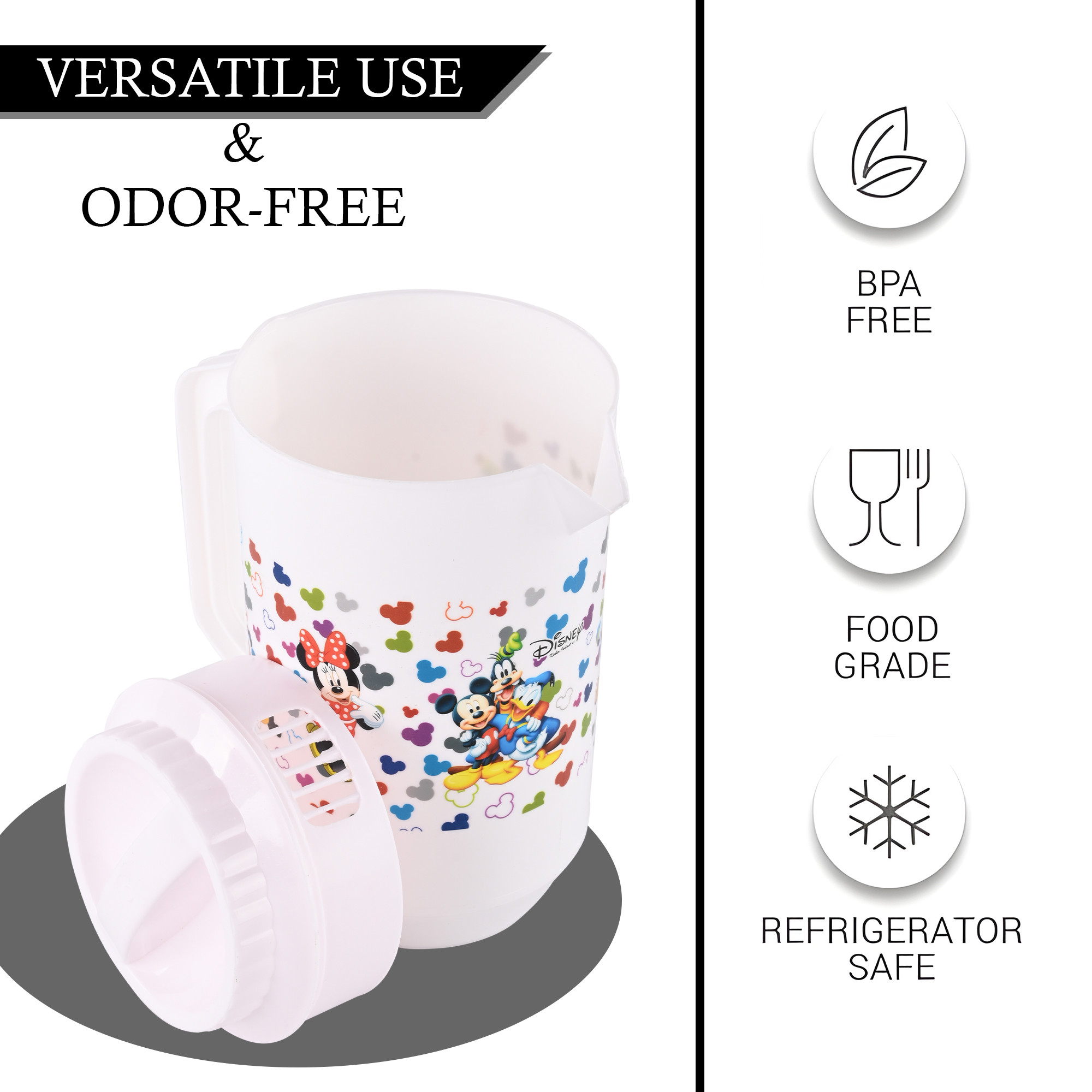 Kuber Industries    Water Jug  2 LTR  Plastic Jug for Water  Disney Team  Water Dispenser  Juice Jug for Dining Table  Water Jug for Hotels  Restaurants  BPA-Free  White