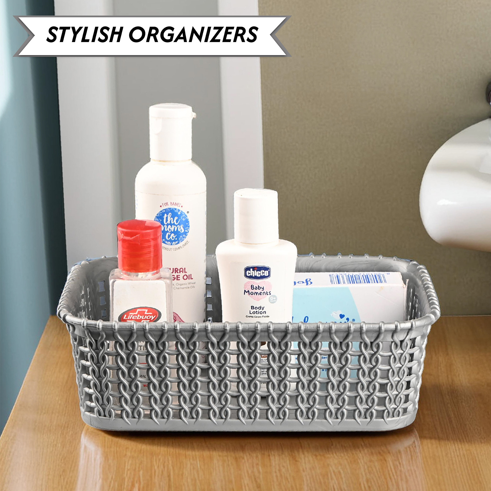 Kuber Industries   Multi-Purpose Plastic Basket for Storage M15  Spacious Stationary  Jewellery Holder  Home Organizers for Kitchen Bedroom  Dining Table  Light Grey