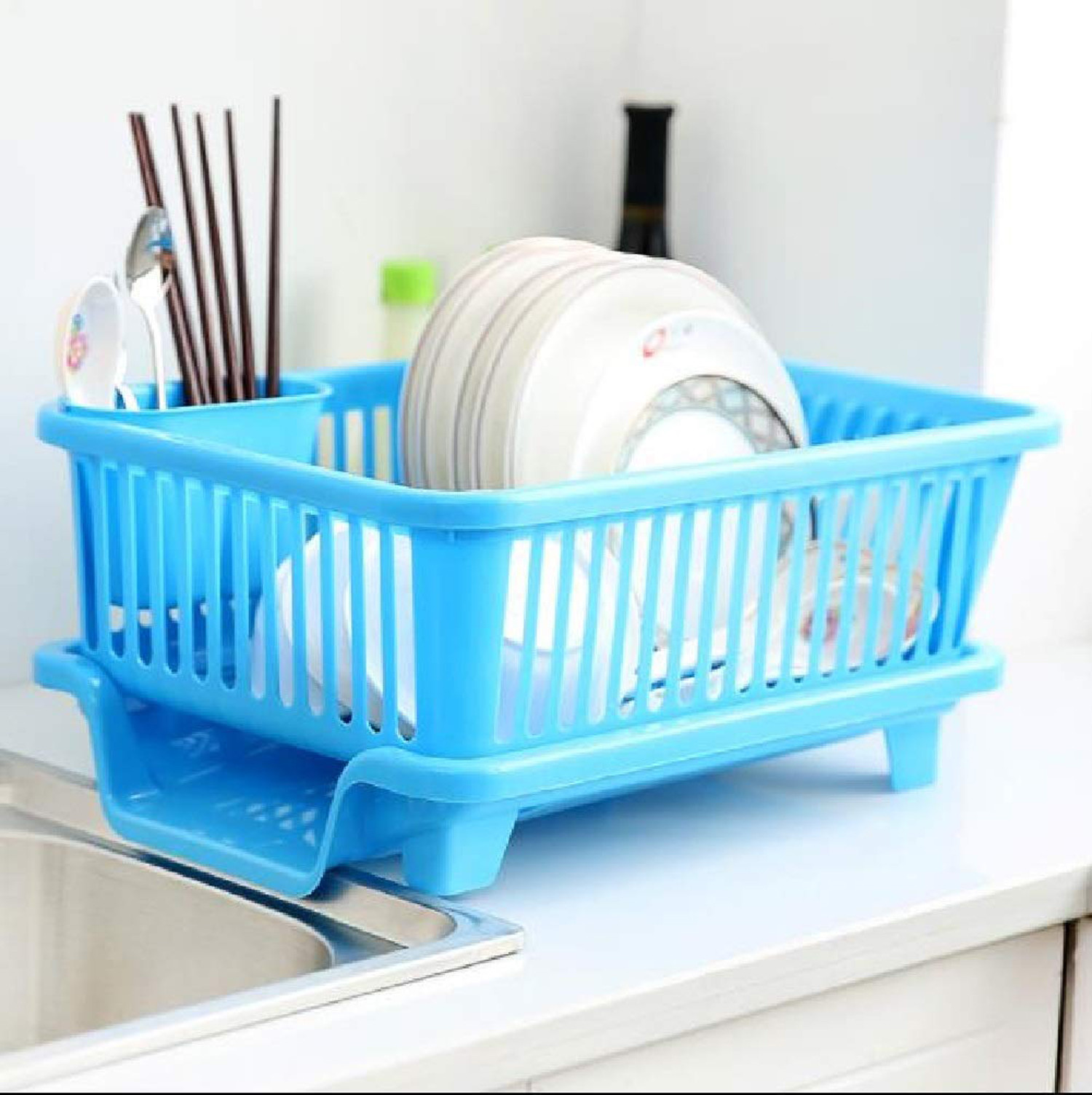 Kuber Industries  3 in 1 Large Durable Plastic Kitchen Sink Dish Rack Drainer Drying Rack Washing Basket with Tray for Kitchen, Dish Rack Organizers, Utensils Tools Cutlery (Blue)