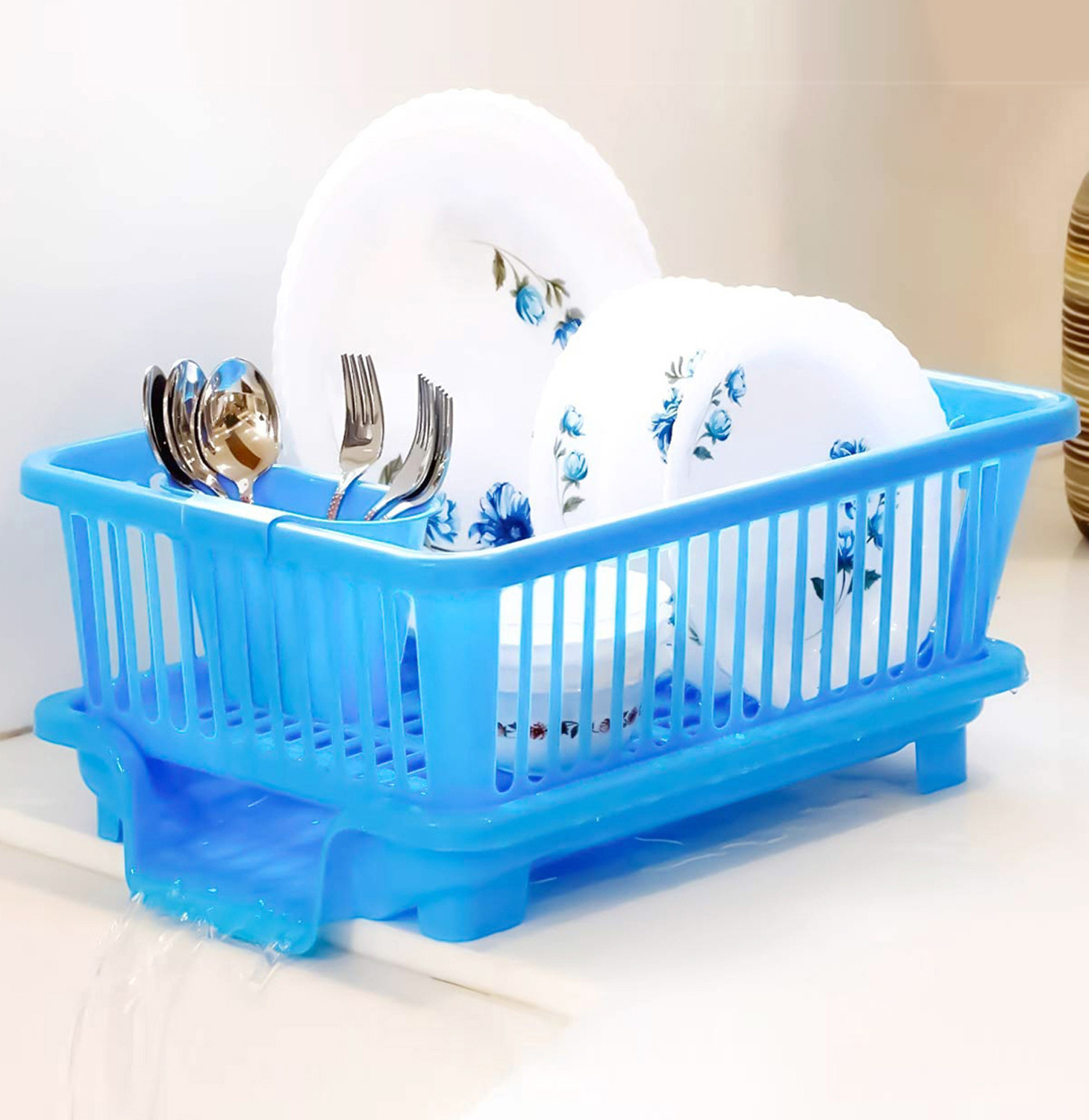 Kuber Industries  3 in 1 Large Durable Plastic Kitchen Sink Dish Rack Drainer Drying Rack Washing Basket with Tray for Kitchen, Dish Rack Organizers, Utensils Tools Cutlery (Blue)