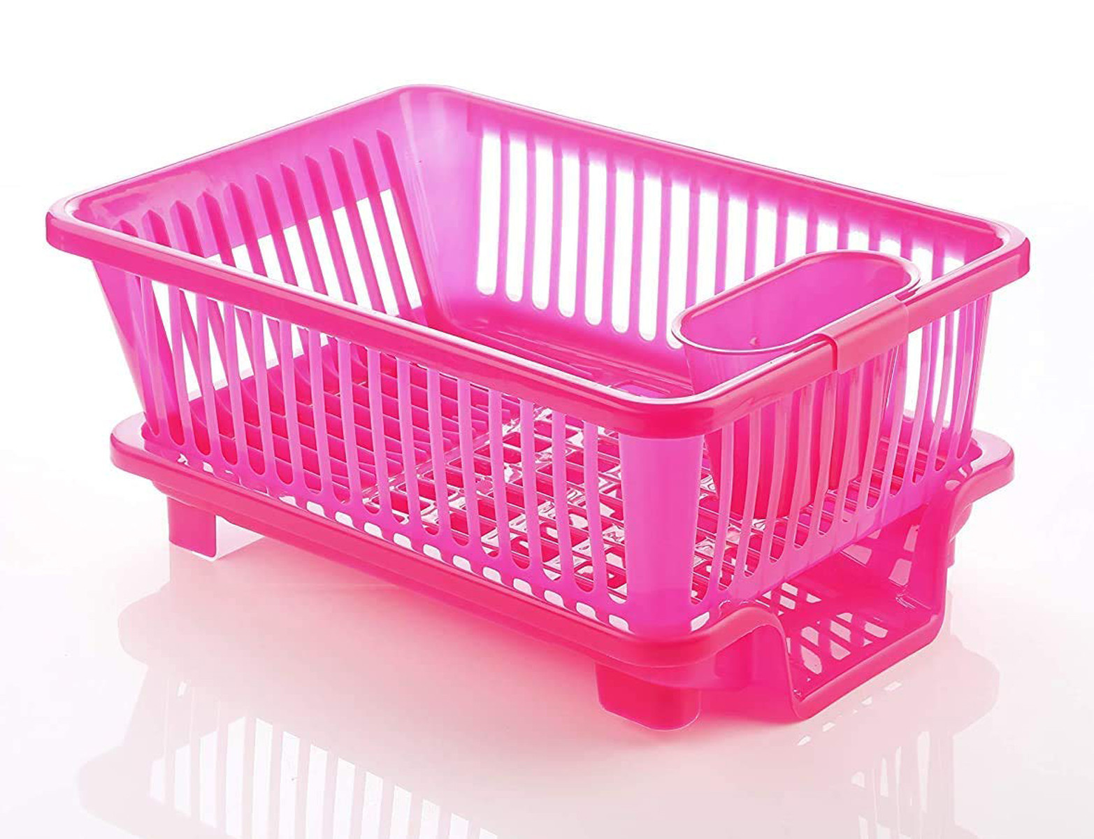 Kuber Industries  3 in 1 Large Durable Plastic Kitchen Sink Dish Rack Drainer Drying Rack Washing Basket with Tray for Kitchen, Dish Rack Organizers, Utensils Tools Cutlery (Pink)