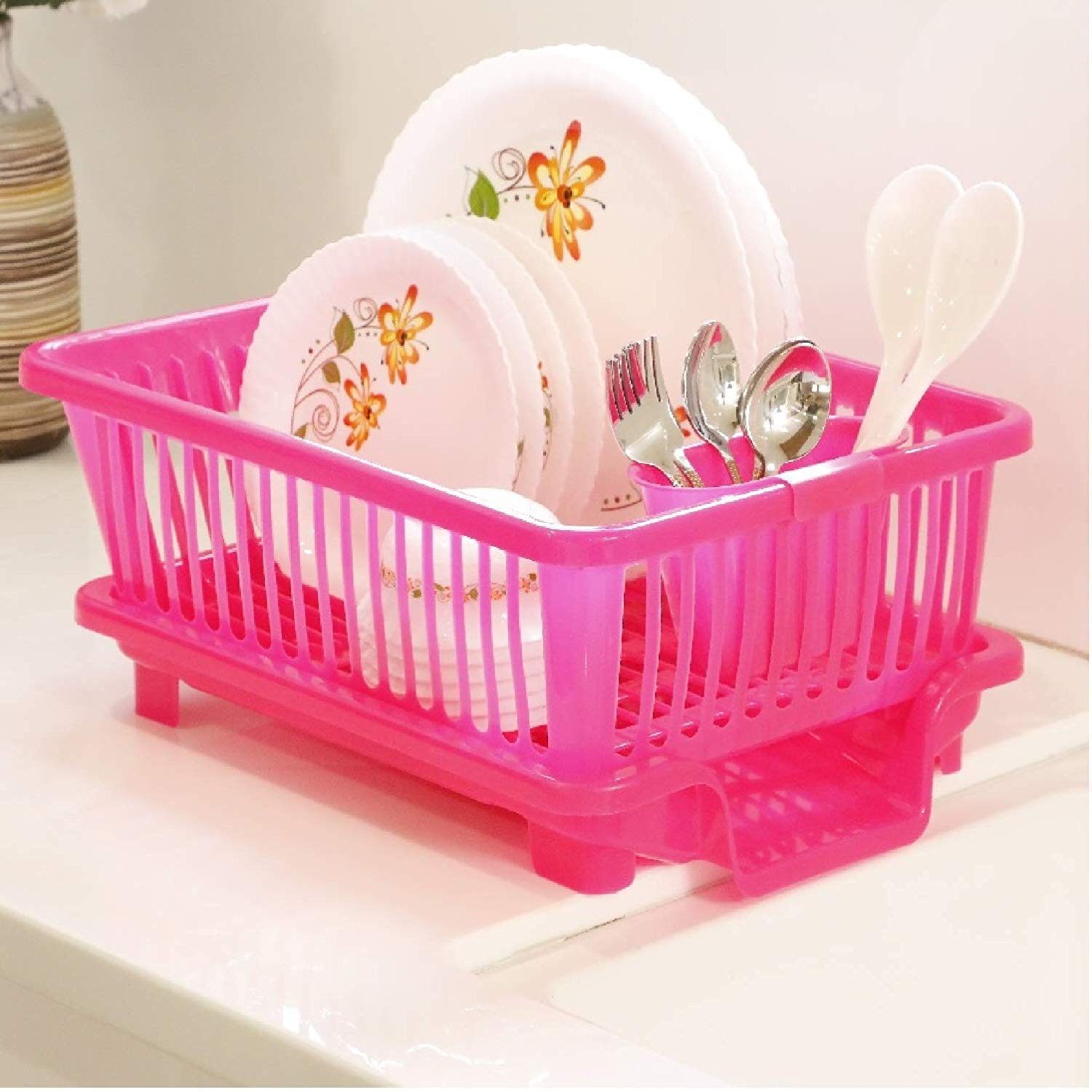 Kuber Industries  3 in 1 Large Durable Plastic Kitchen Sink Dish Rack Drainer Drying Rack Washing Basket with Tray for Kitchen, Dish Rack Organizers, Utensils Tools Cutlery (Pink)