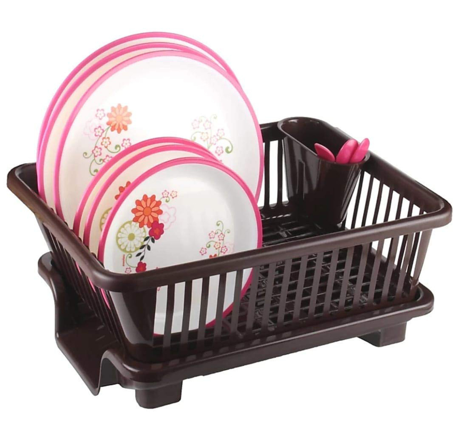 Kuber Industries  3 in 1 Large Durable Plastic Kitchen Sink Dish Rack Drainer Drying Rack Washing Basket with Tray for Kitchen, Dish Rack Organizers, Utensils Tools Cutlery (Brown)