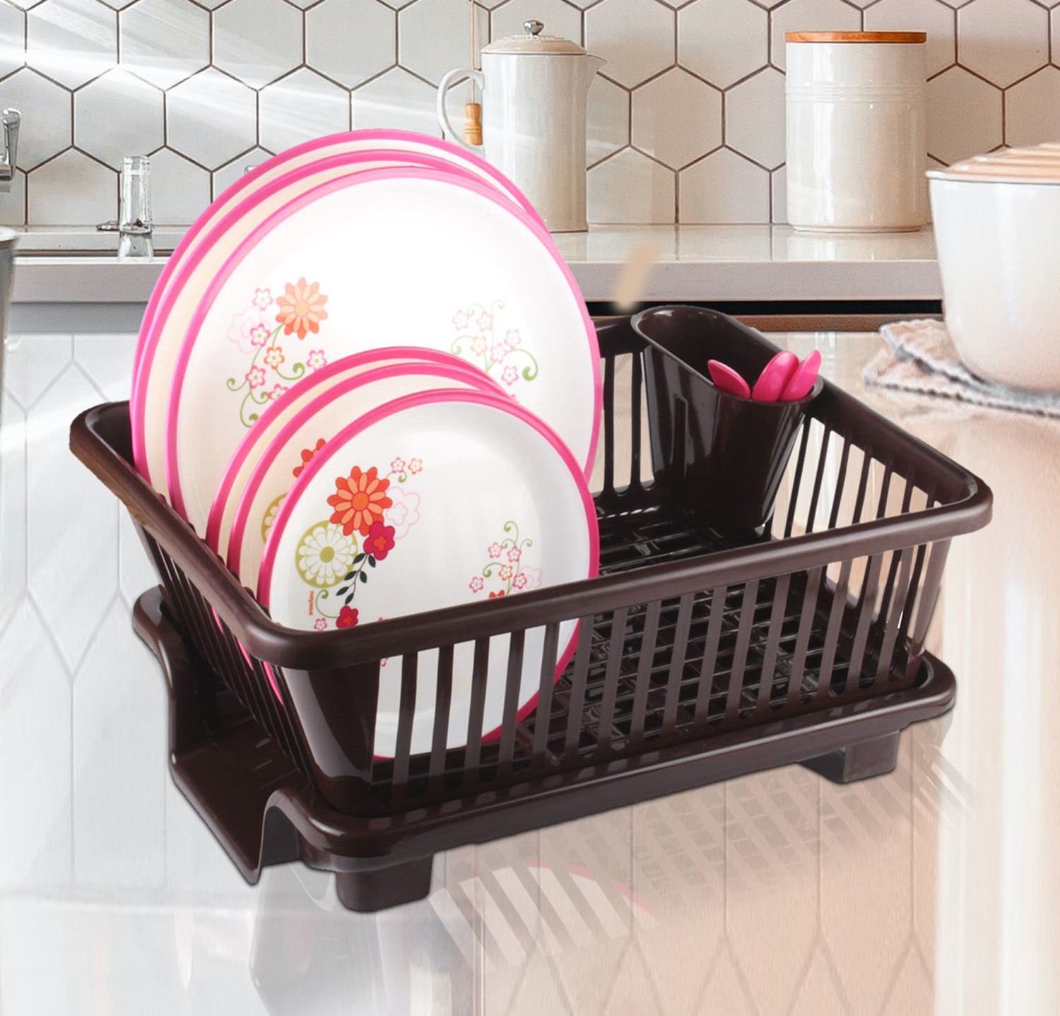Kuber Industries  3 in 1 Large Durable Plastic Kitchen Sink Dish Rack Drainer Drying Rack Washing Basket with Tray for Kitchen, Dish Rack Organizers, Utensils Tools Cutlery (Brown)