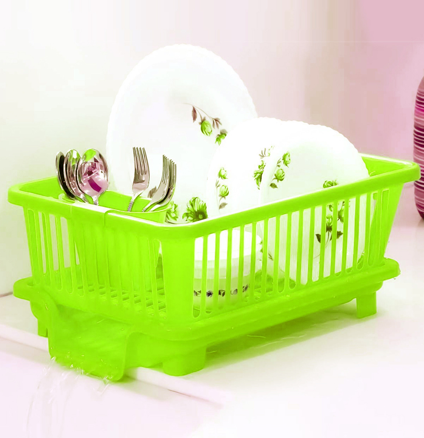 Kuber Industries  3 in 1 Large Durable Plastic Kitchen Sink Dish Rack Drainer Drying Rack Washing Basket with Tray for Kitchen, Dish Rack Organizers, Utensils Tools Cutlery (Green)