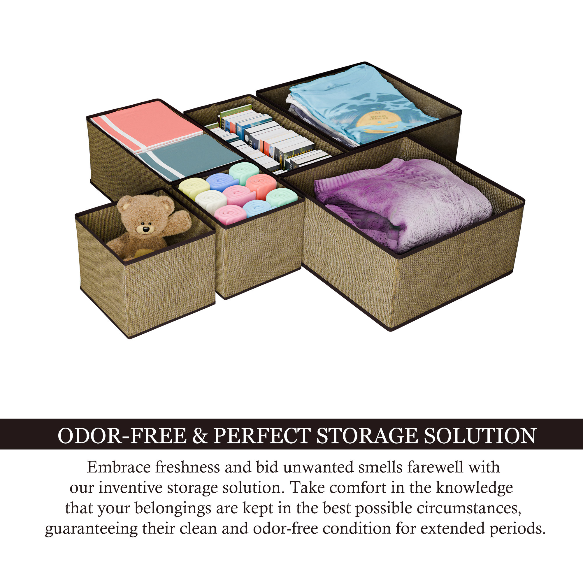 Kuber Industries  6 Pieces  Foldable Drawer Organizer  Jute Fabric  Wardrobe Organizer for Clothes  Storage Box for Socks Bra Tie and Scarfs  Stationary  Cabinet Organizer  Brown