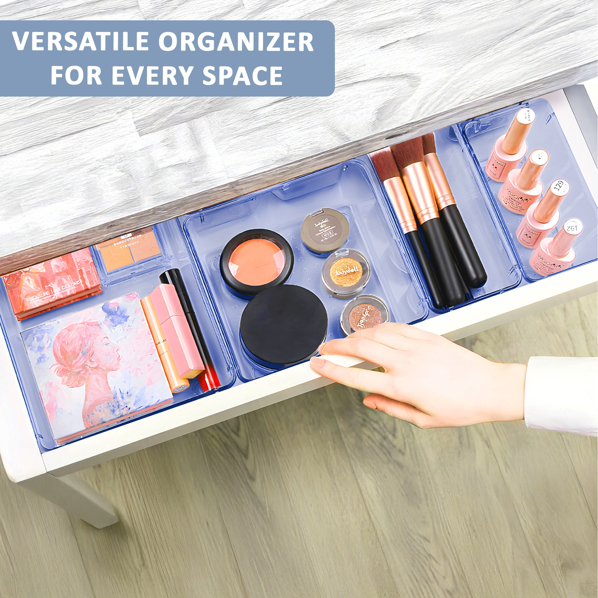 Kuber Industries  Acrylic Transparent Cosmetic Organizer Tray  Drawers Organisers for Kitchen Office and Bathroom Vanity Makeup  Stationery Storage Drawer Divider Tray  Sea Blue