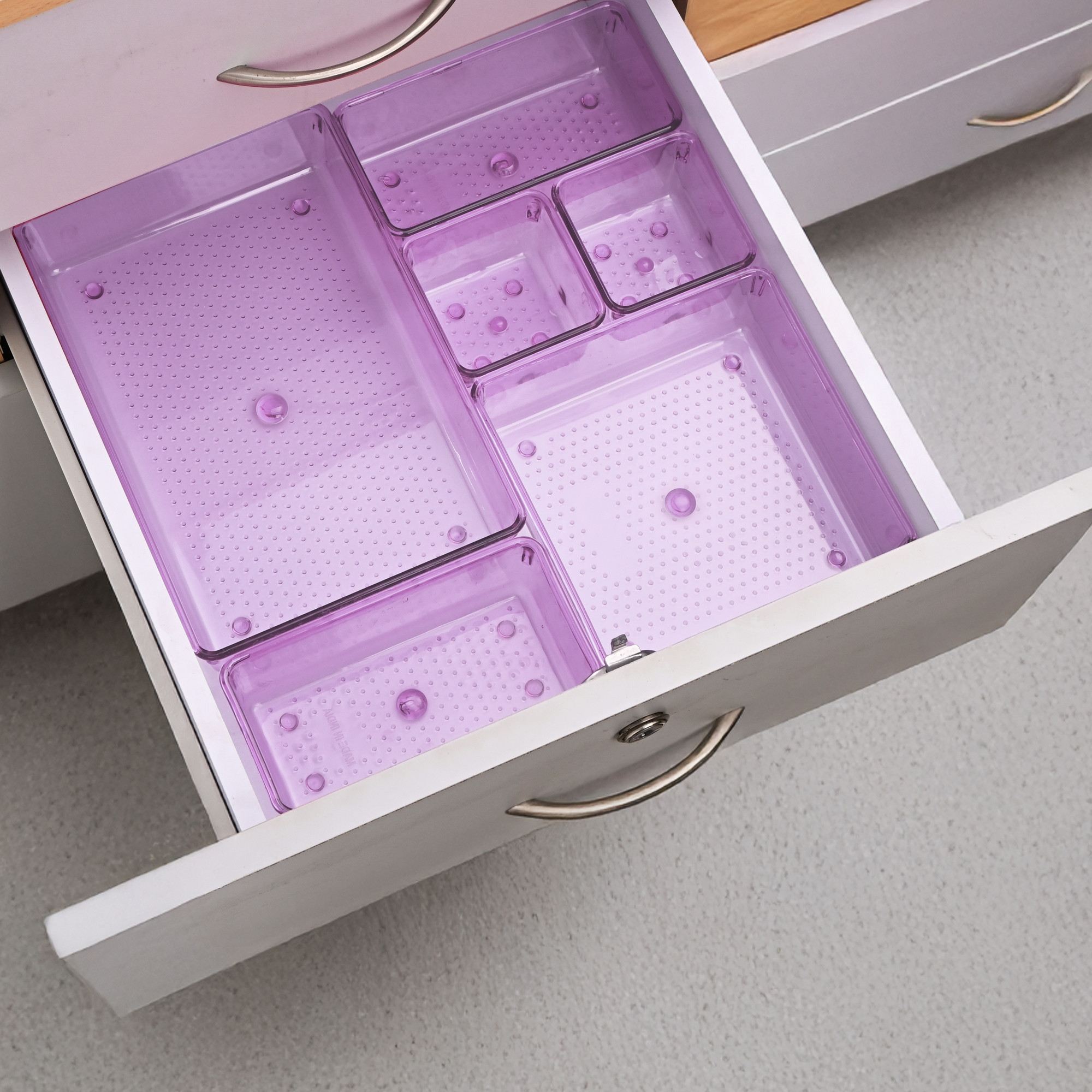 Kuber Industries  Acrylic Transparent Cosmetic Organizer Tray  Drawers Organisers for Kitchen Office and Bathroom Vanity Makeup  Stationery Storage Drawer Divider Tray  Purple
