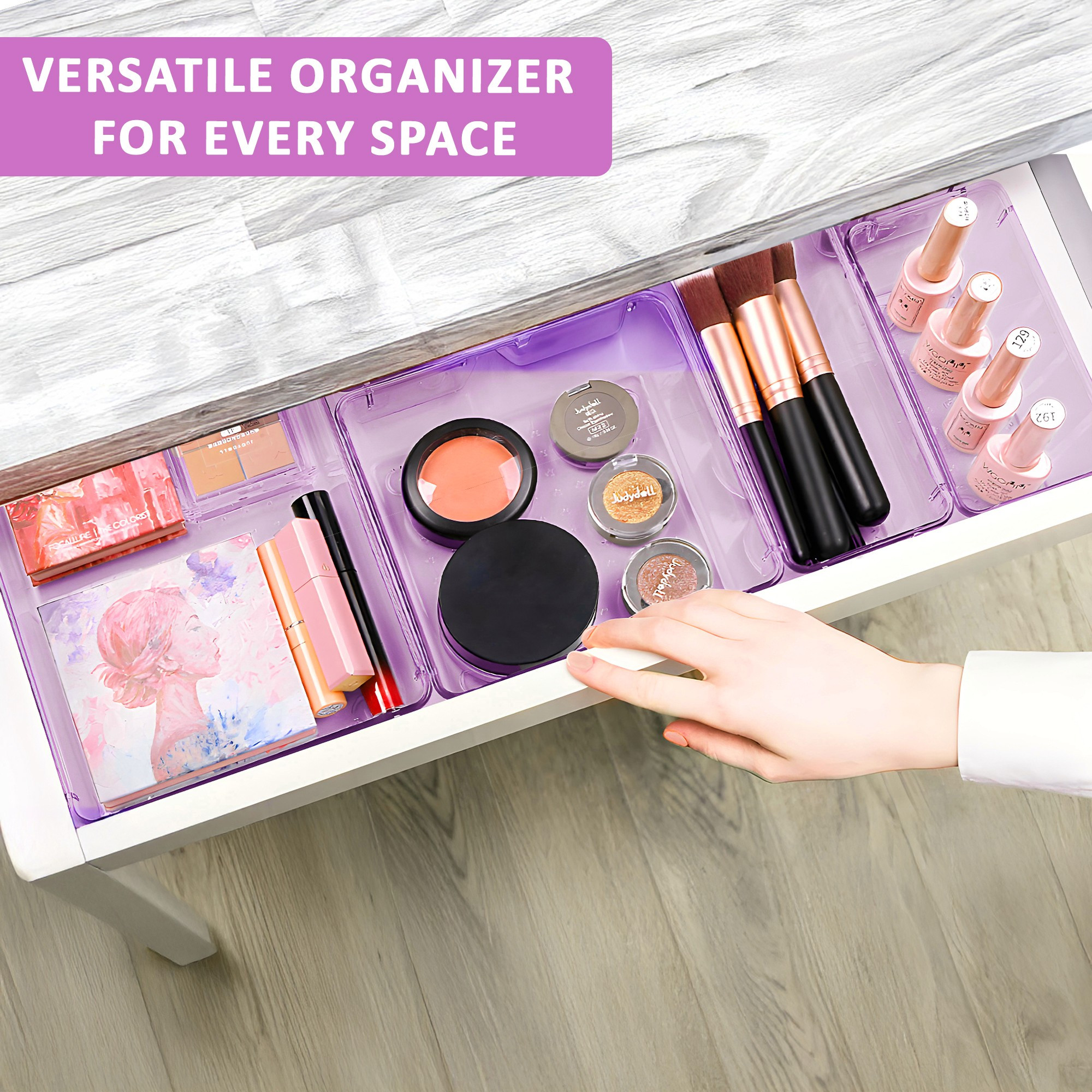 Kuber Industries  Acrylic Transparent Cosmetic Organizer Tray  Drawers Organisers for Kitchen Office and Bathroom Vanity Makeup  Stationery Storage Drawer Divider Tray  Purple