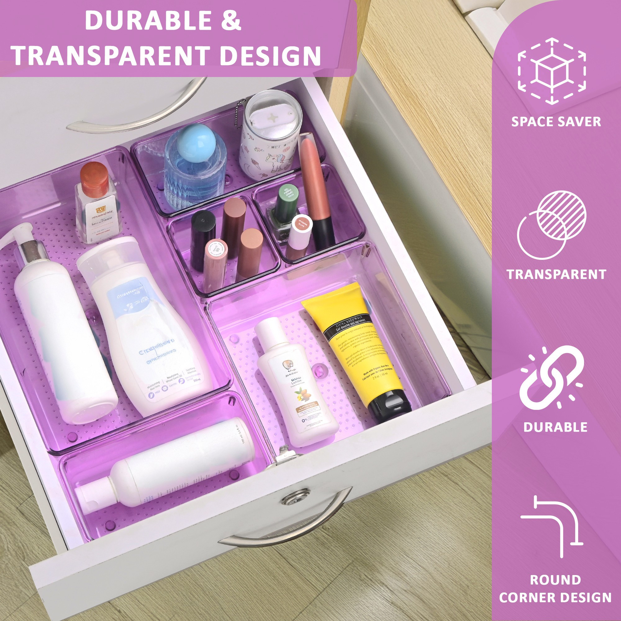 Kuber Industries  Acrylic Transparent Cosmetic Organizer Tray  Drawers Organisers for Kitchen Office and Bathroom Vanity Makeup  Stationery Storage Drawer Divider Tray  Purple