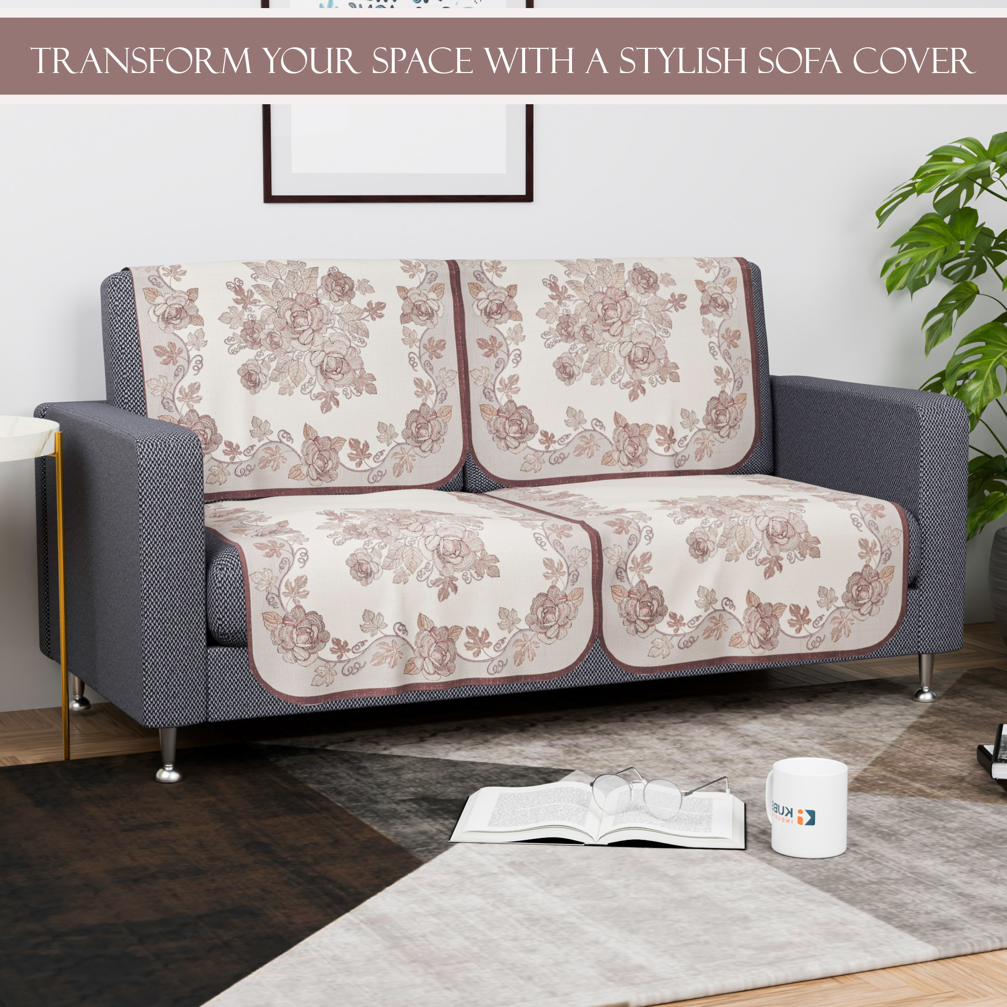 Kuber Industries  Aesthetic  Sofa Covers for Living Room  Non-Slip Machine Washable  Removable Furniture Protector Slipcovers  Roses - Cream  Brown