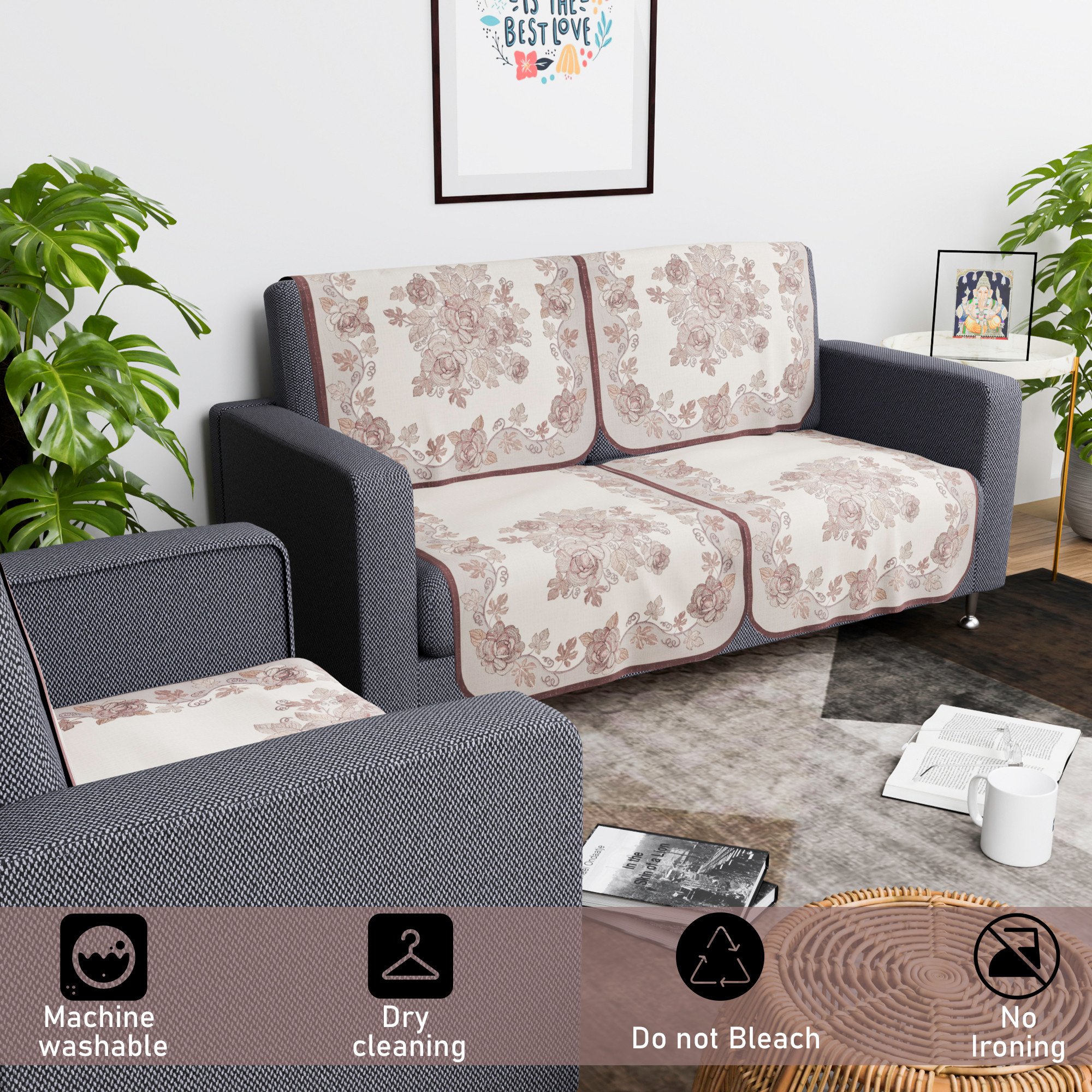 Kuber Industries  Aesthetic  Sofa Covers for Living Room  Non-Slip Machine Washable  Removable Furniture Protector Slipcovers  Roses - Cream  Brown