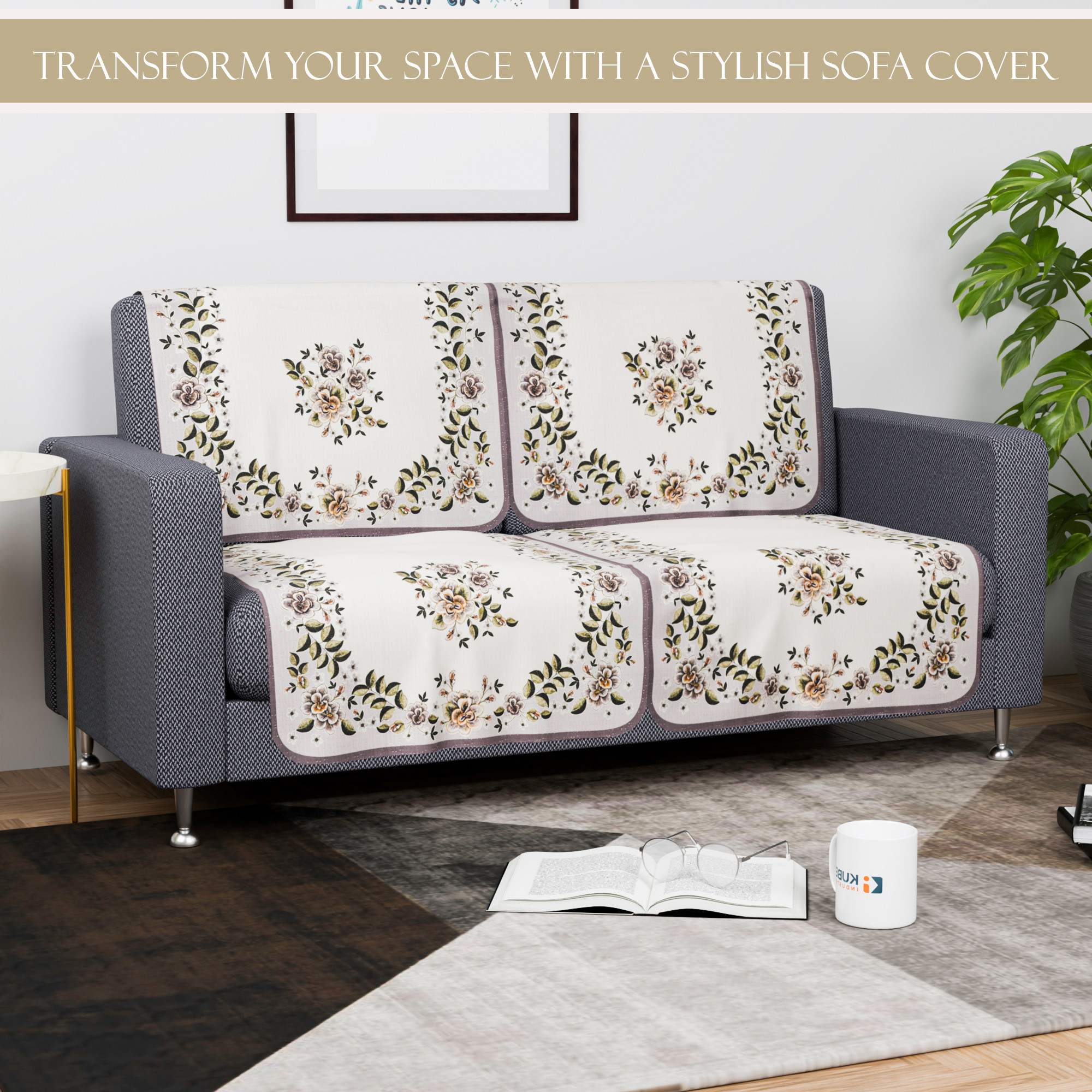Kuber Industries  Aesthetic  Sofa Covers for Living Room  Non-Slip Machine Washable  Removable Furniture Protector Slipcovers  Floral - Cream  Green