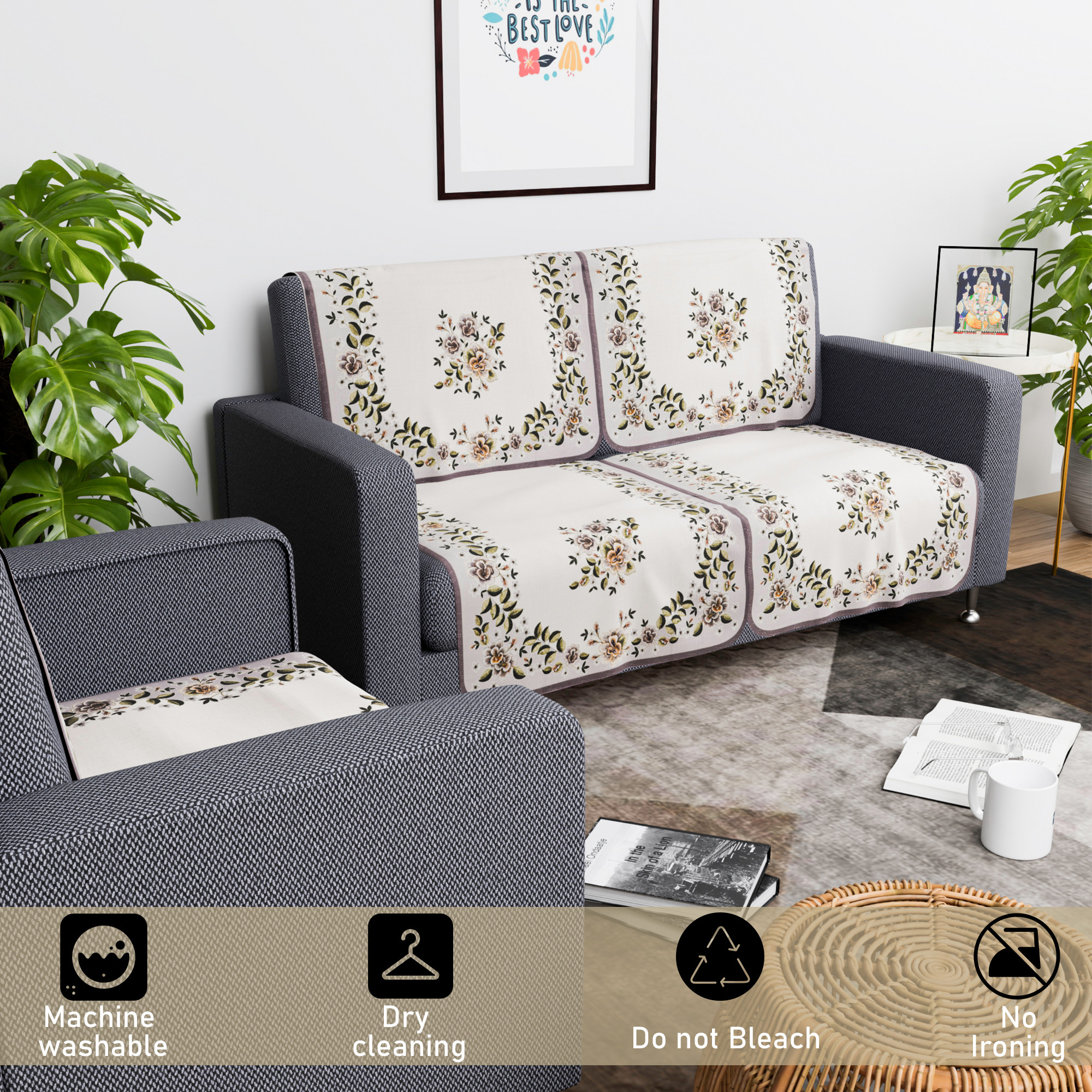 Kuber Industries  Aesthetic  Sofa Covers for Living Room  Non-Slip Machine Washable  Removable Furniture Protector Slipcovers  Floral - Cream  Green
