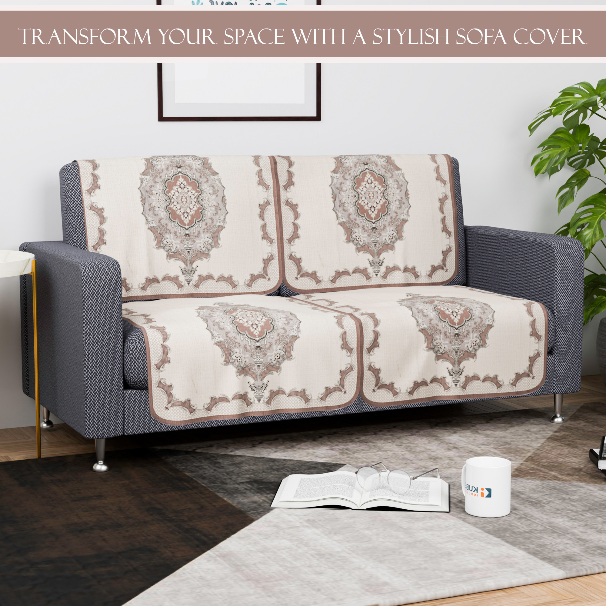 Kuber Industries  Aesthetic  Sofa Covers for Living Room  Non-Slip Machine Washable  Removable Furniture Protector Slipcovers  Rangoli - Cream  Brown