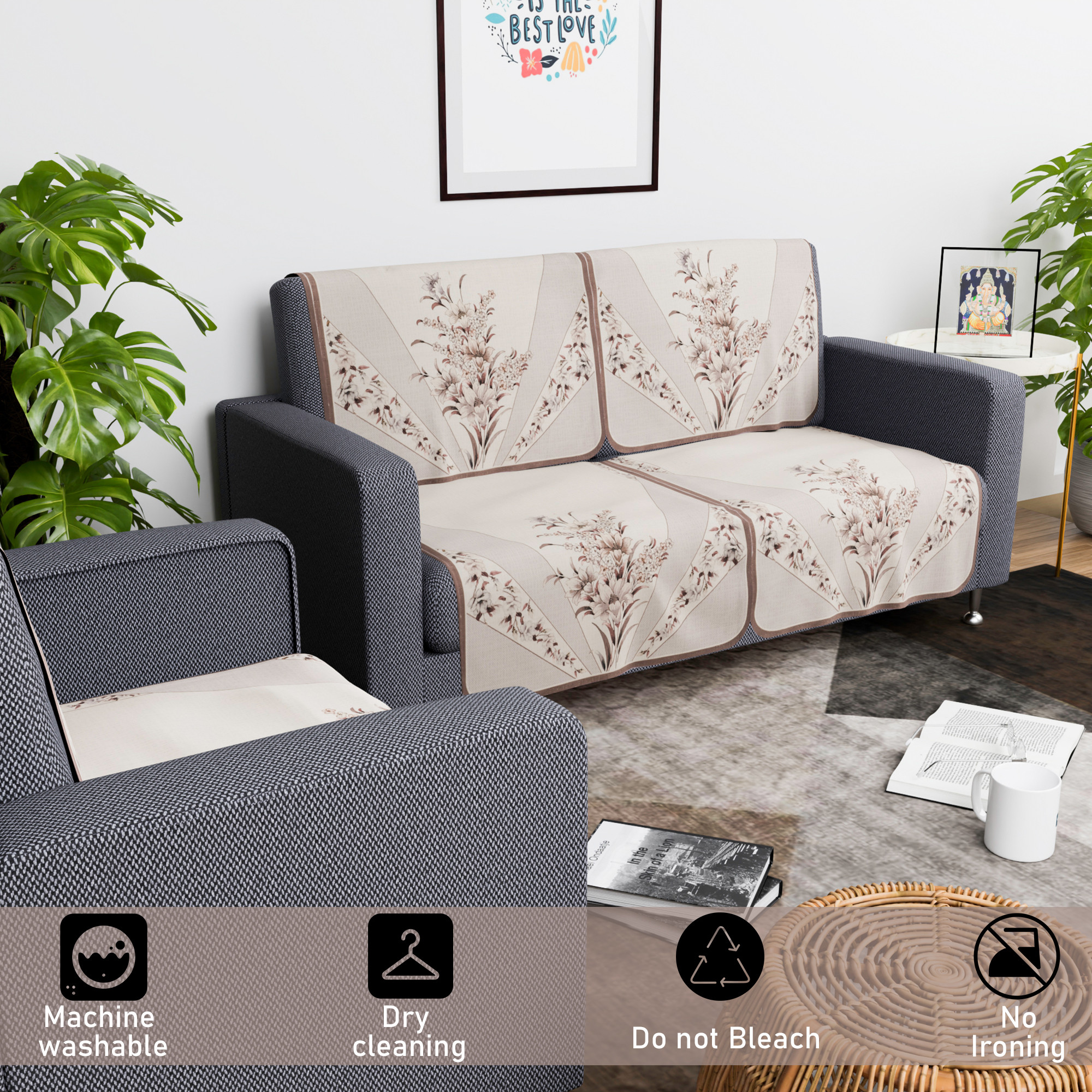 Kuber Industries  Aesthetic  Sofa Covers for Living Room  Non-Slip Machine Washable  Removable Furniture Protector Slipcovers  Bouquet - Cream  Brown
