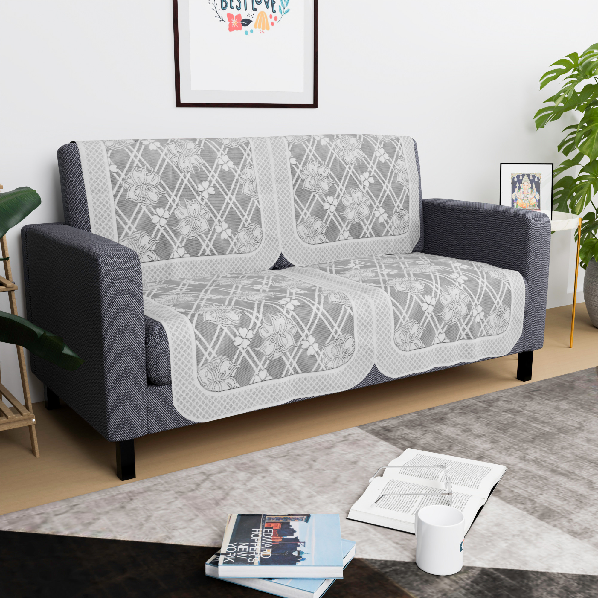 Kuber Industries  Anti Slip Sofa Covers for Home  Decorative Sofa Set Cover for Living Room  Protective Sofa Sheet  Sofa Seat Cover from Spill  Shot  Cross Flower Net - Grey